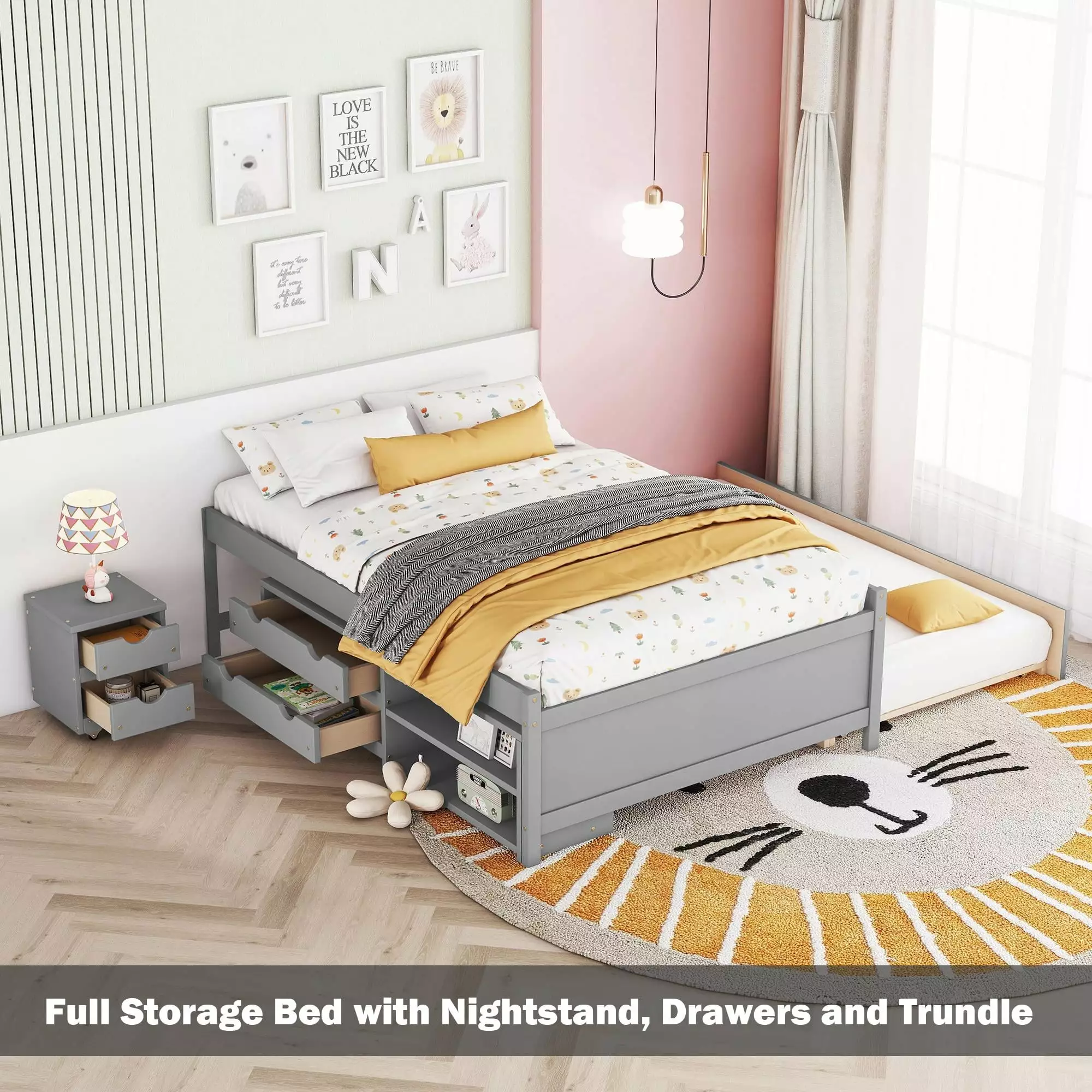 Bellemave Full Size Platform Bed Nightstand and Trundle Storage Bed Frame Kids Teens Gray