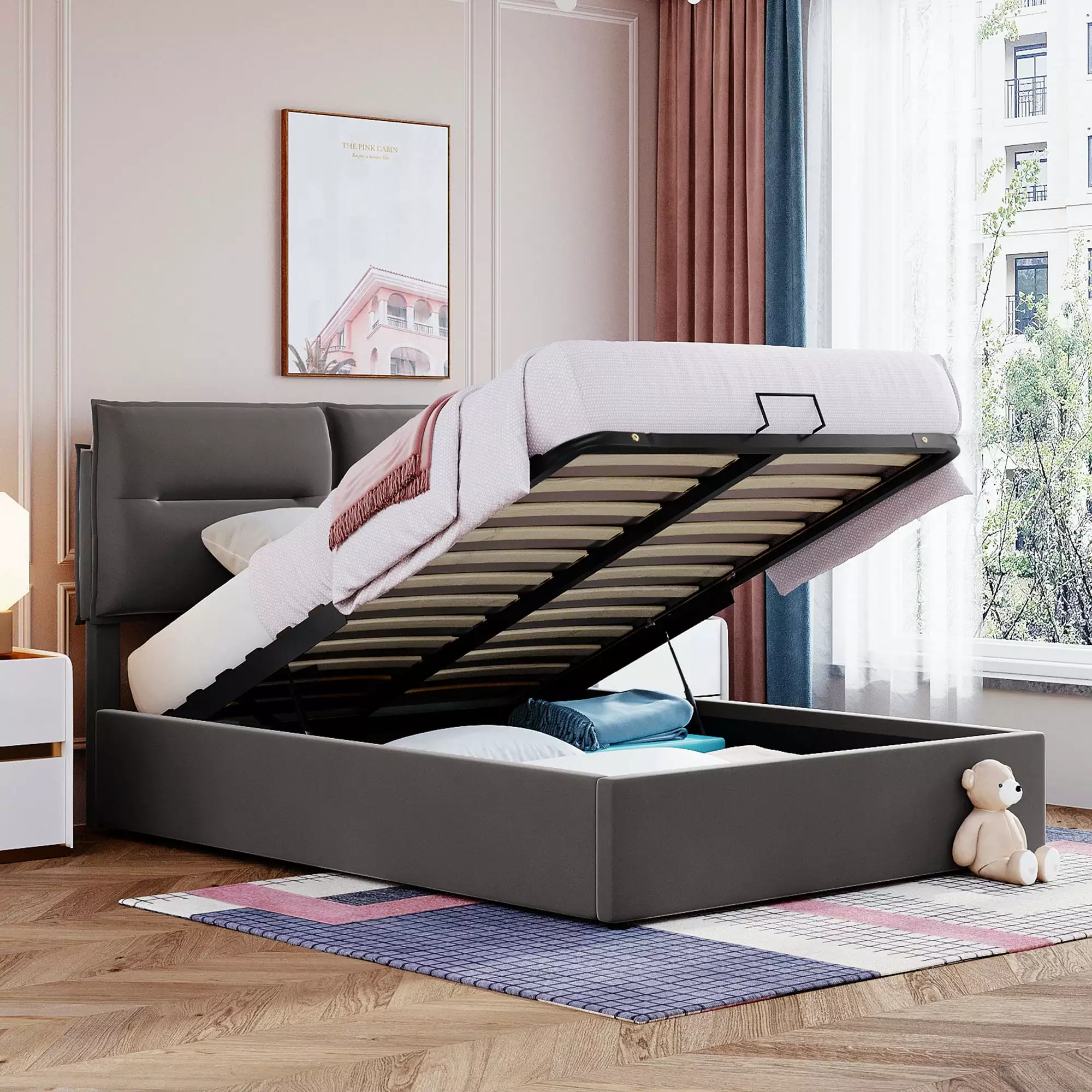 Bellemave Full Size Velvet Upholstered Platform Bed Hydraulic Storage System Gray