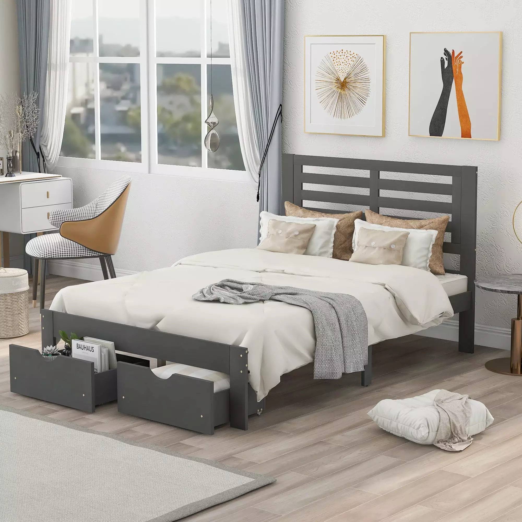 Bellemave Full Size Wooden Platform Bed Frame 2 Storage Drawers Headboard Gray