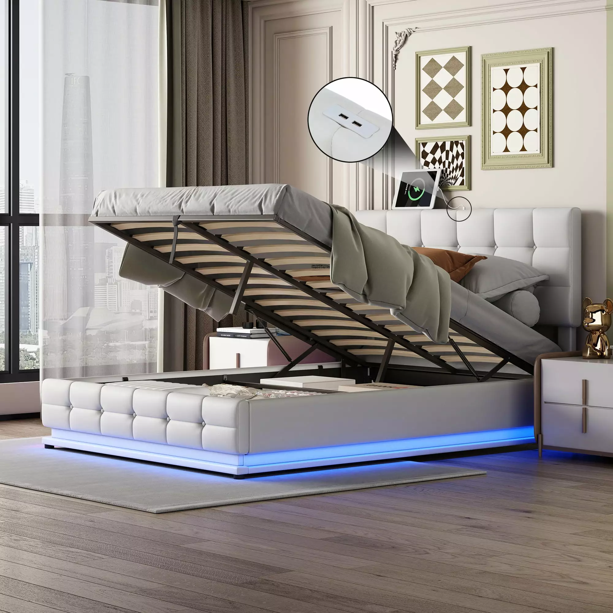 Bellemave LED Queen Size Bed Frame Lift Up Storage and USB Charging Station