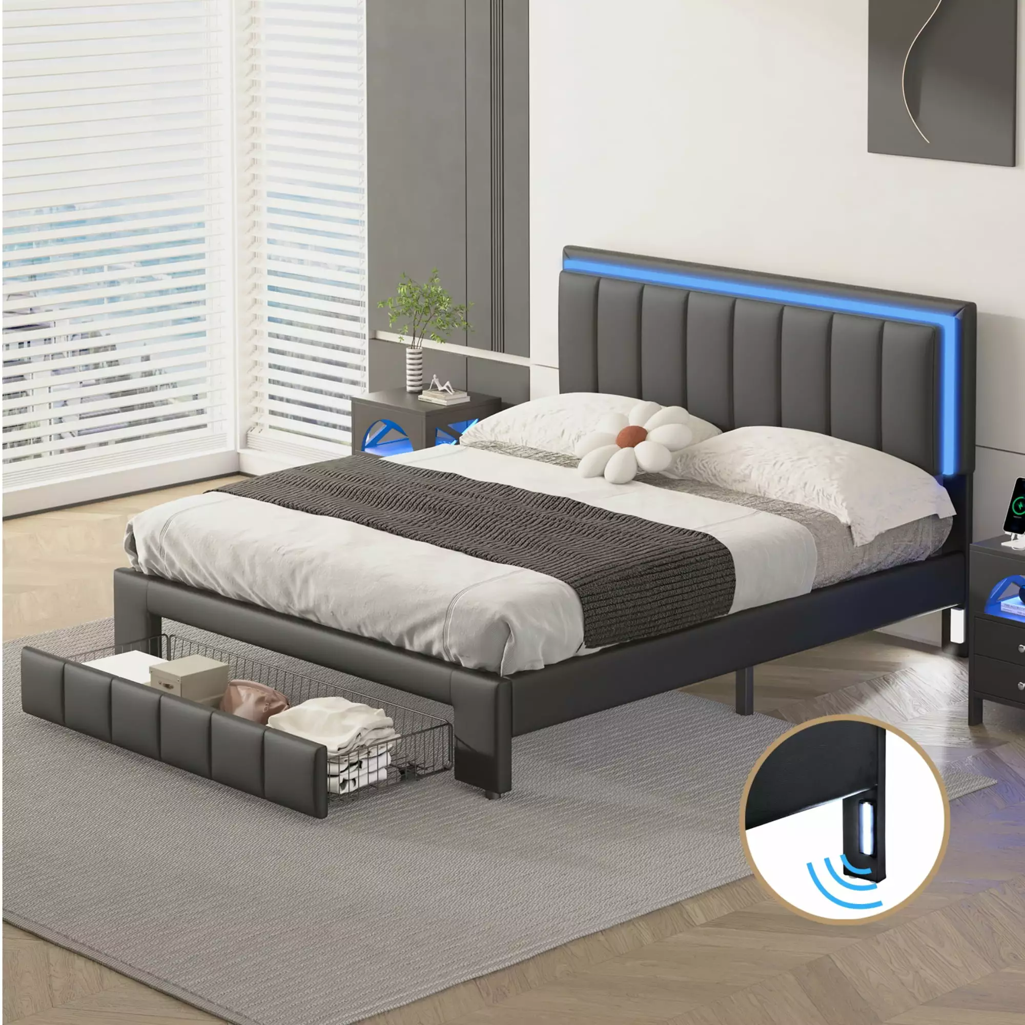 Bellemave Queen Bed Drawers and LED Lights Upholstered Platform Bed Two Motion Activated Night Lights Storage Bed Bedroom ...