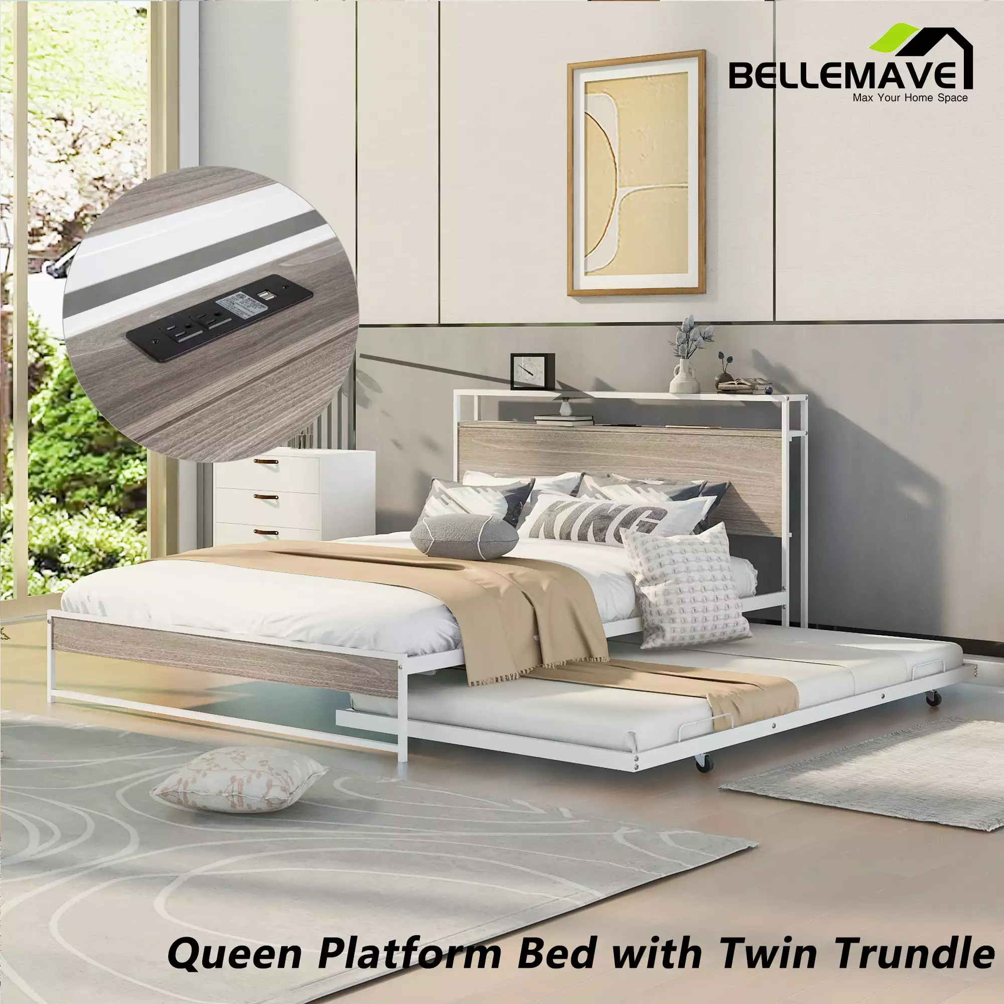 Bellemave Queen Platform Bed Frame Twin Trundle USB Ports Storage Shelf Metal Headboard Noise-Free