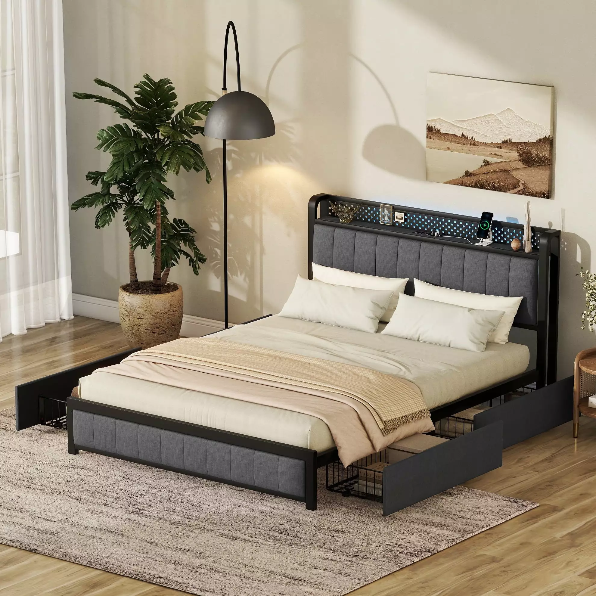 Bellemave Queen Size LED Platform Bed Frame Storage Headboard and Charging Station Dark Gray