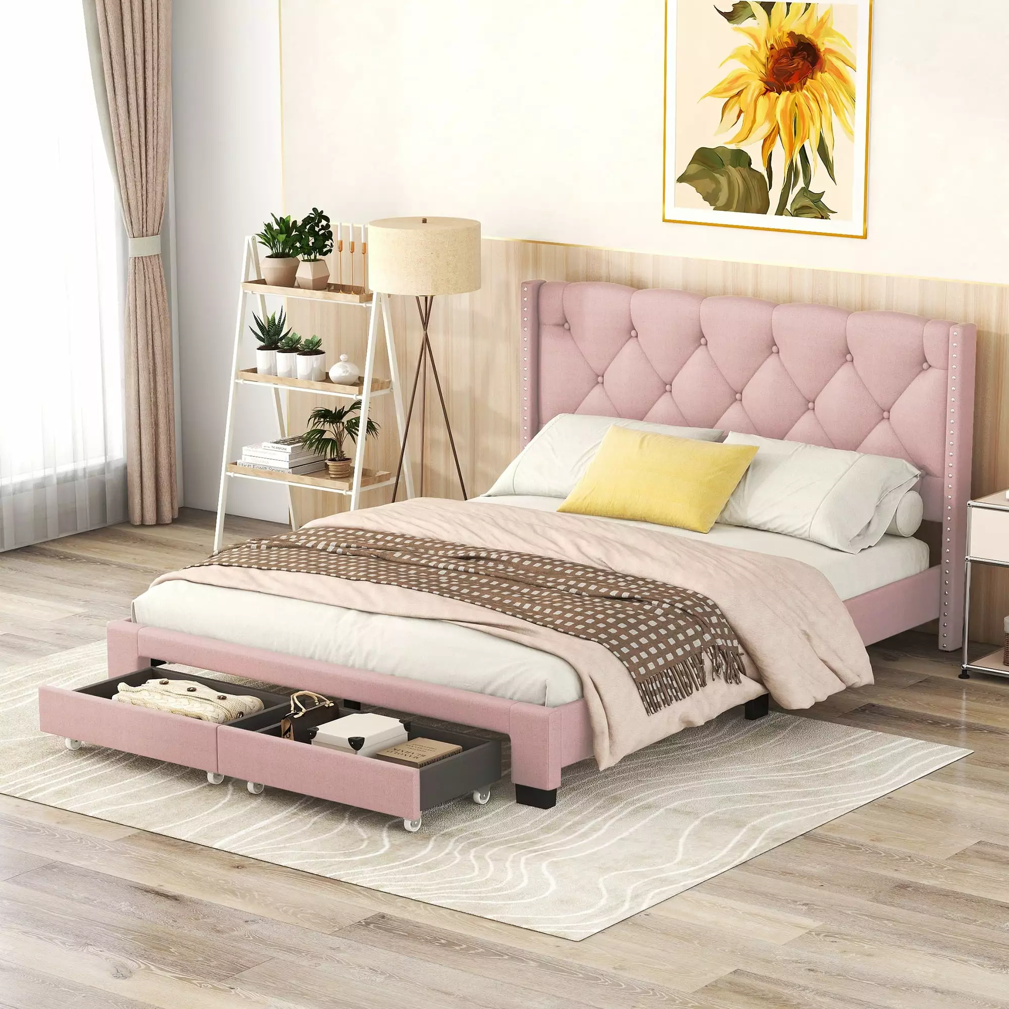 Bellemave Queen Size Linen Upholstered Storage Bed Button Tufted Headboard and Wooden Slats Pink
