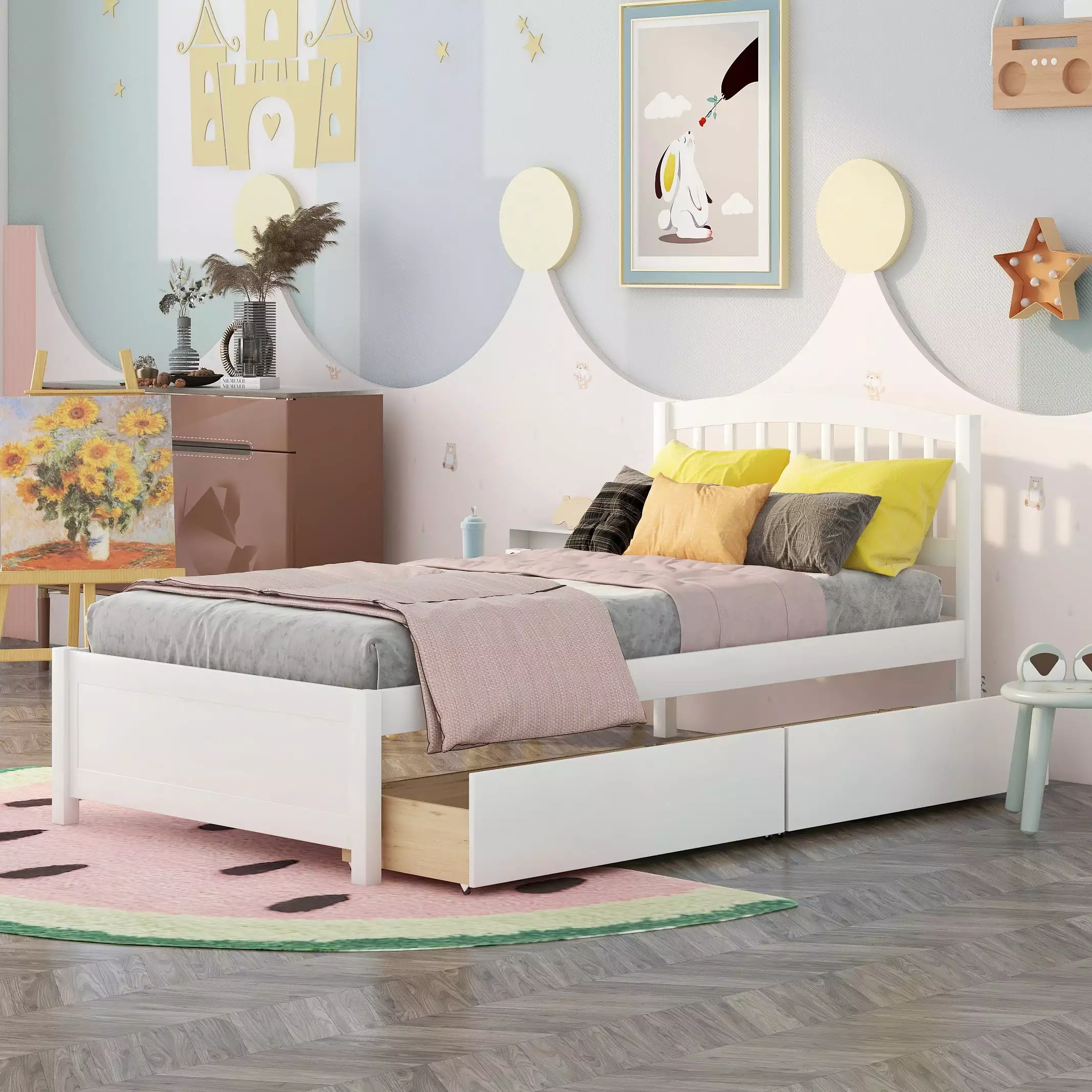 Bellemave Twin Bed Frame 2 Storage Drawers - White Kids Storage Bed