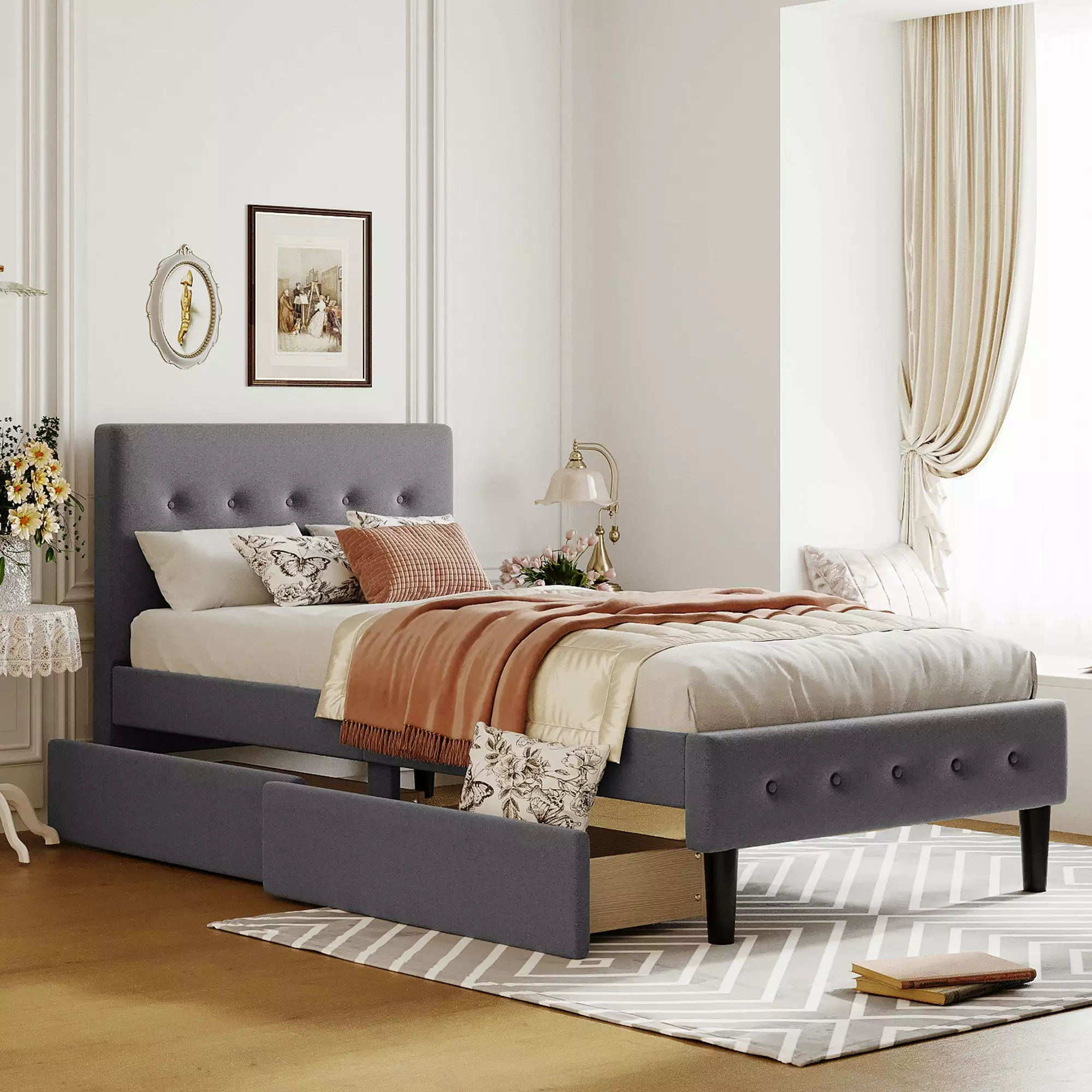 Bellemave Twin Bed Frame 2 Storage Drawers Upholstered Platform Bed Tufted Headboard Kids Adults Grey