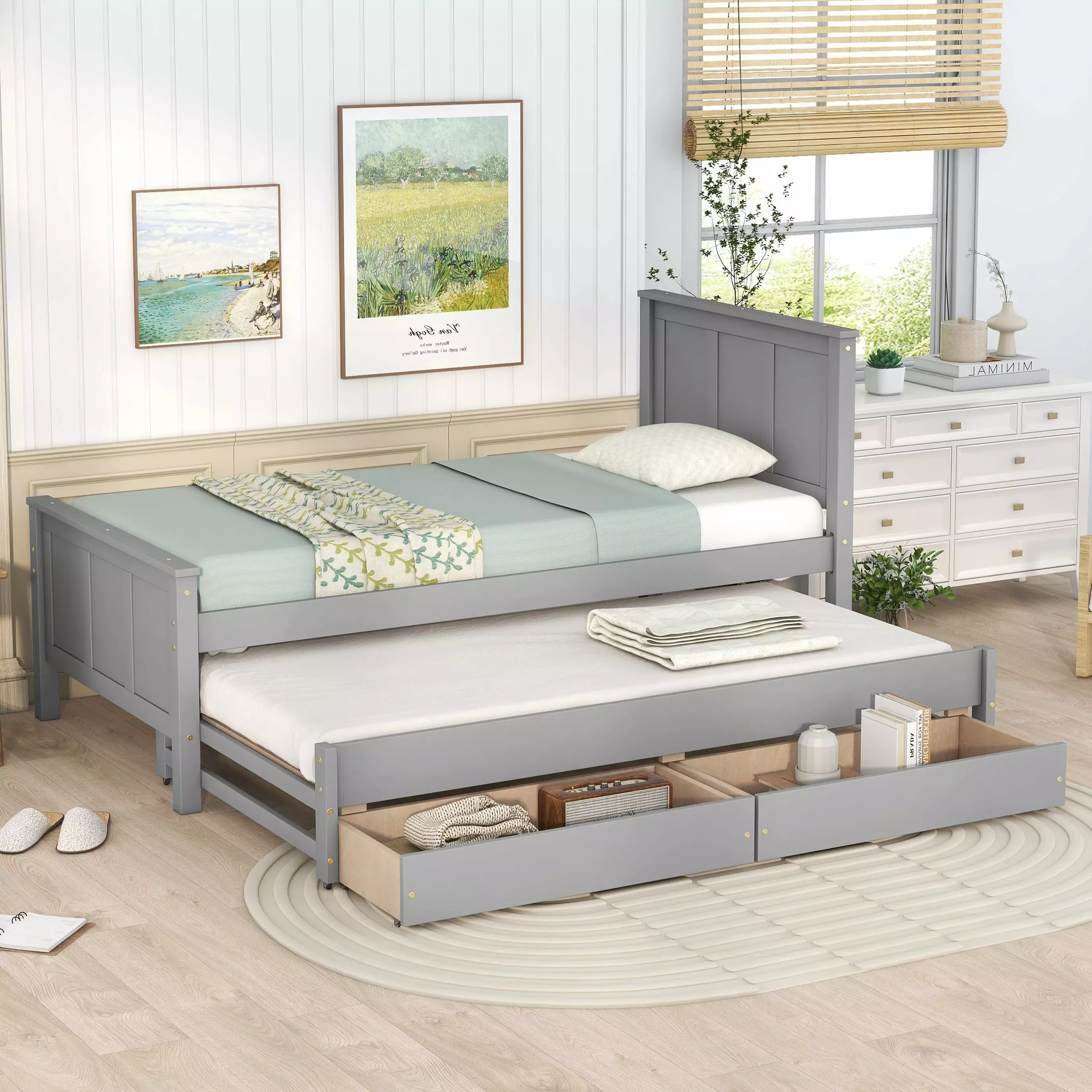 Bellemave Twin Bed Trundle and 2 Storage Drawers Grey Wood Platform Bed Frame