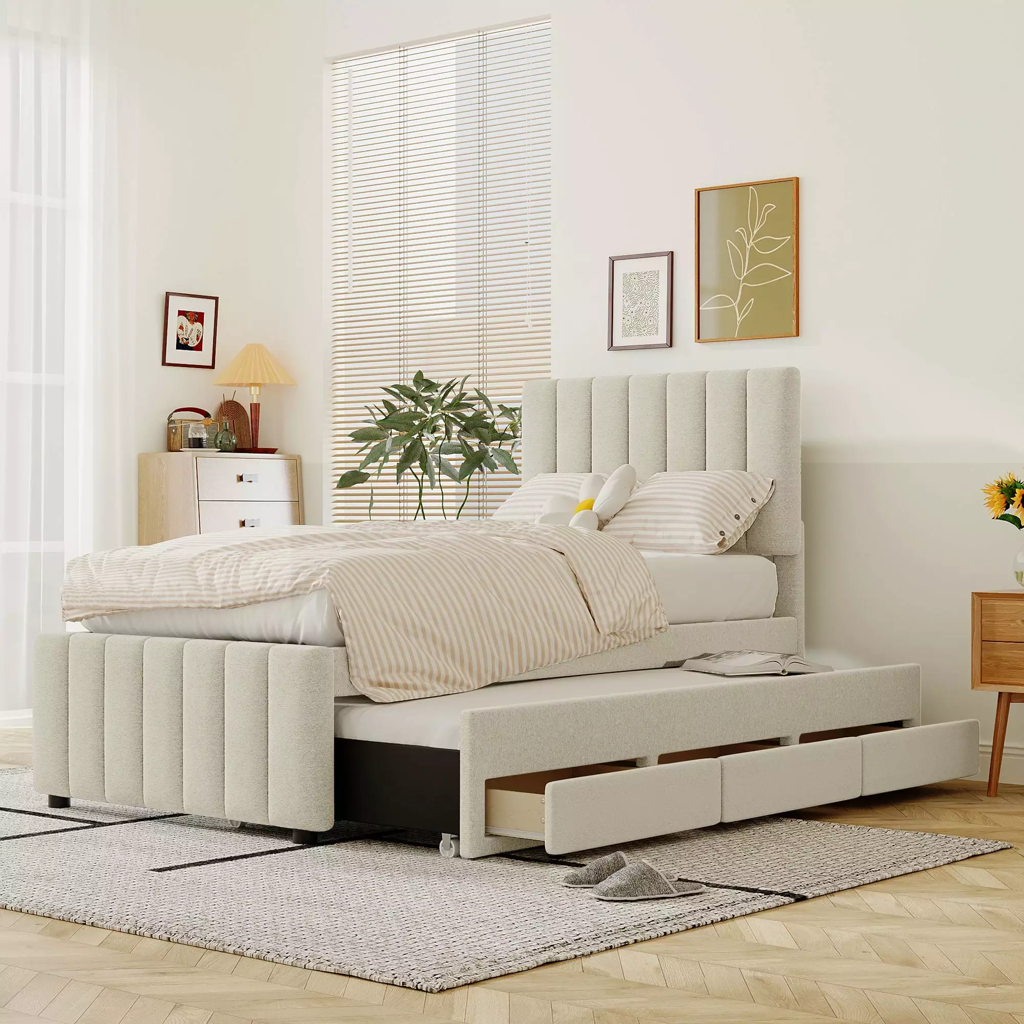 Bellemave Twin Bed Trundle and Storage Upholstered Platform Bed 3 Drawers and Tufted Headboard Beige