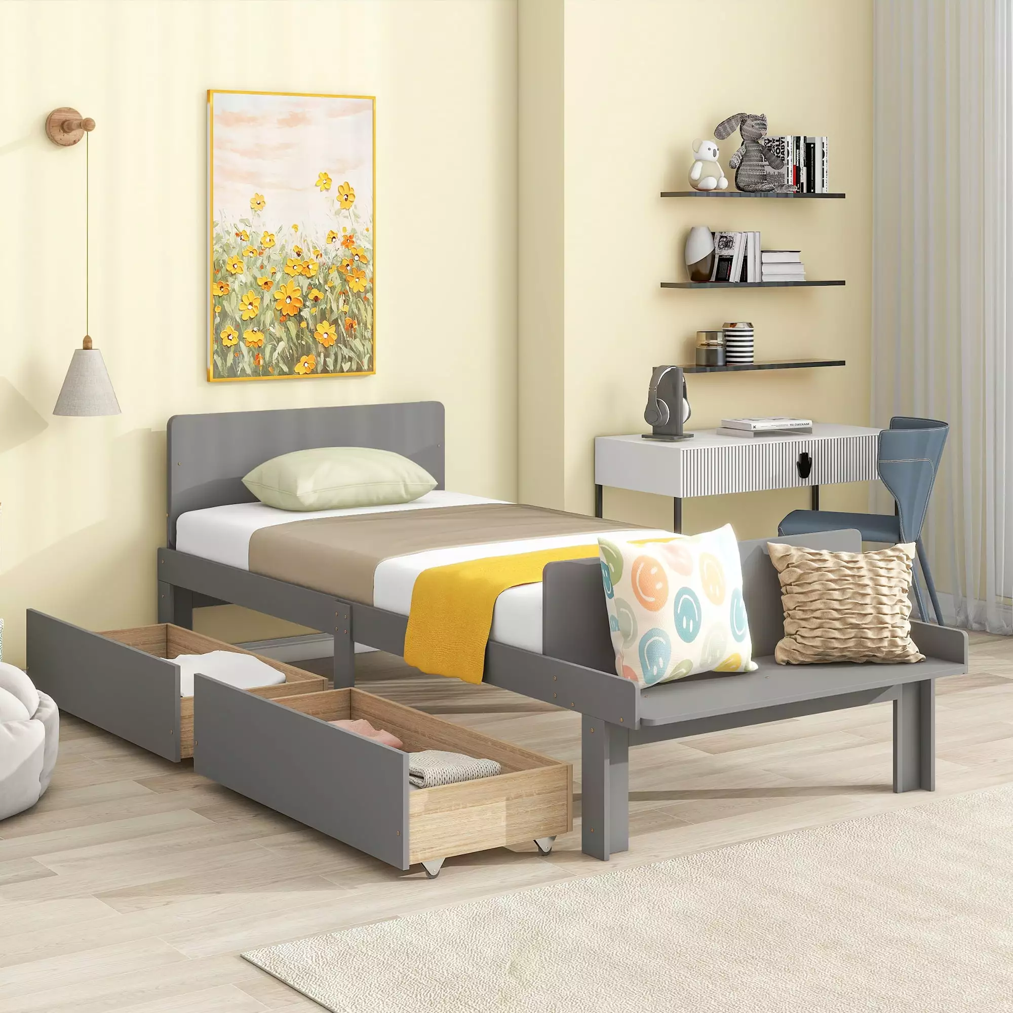 Bellemave Twin Platform Bed Drawers Bed-end Bench Storage Headboard Footboard Kids Teens Gray