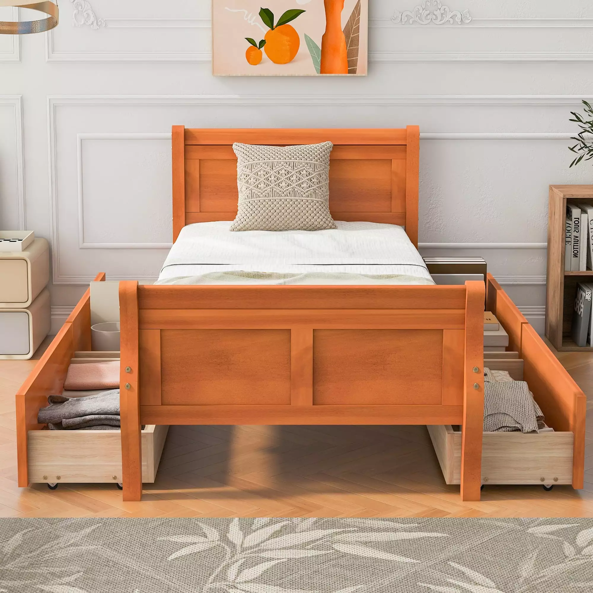 Bellemave Twin Size Bed 4 Drawers Wood Platform Bed Headboard Oak