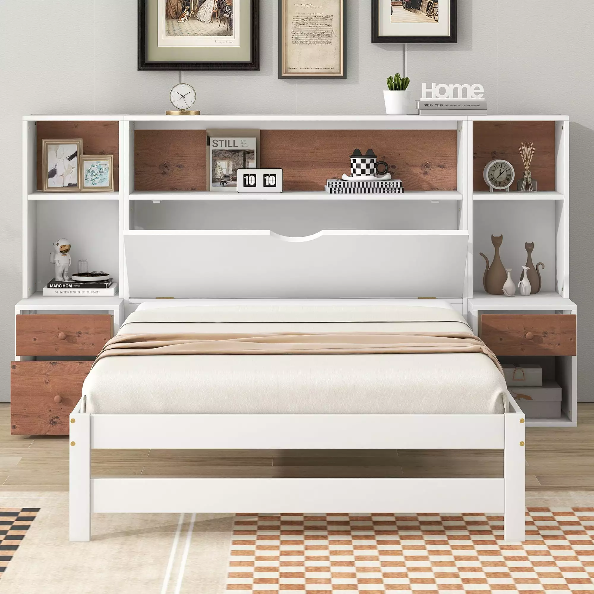 Bellemave Twin White Platform Bed Storage Headboard and Built- Nightstand - No Box Spring Needed