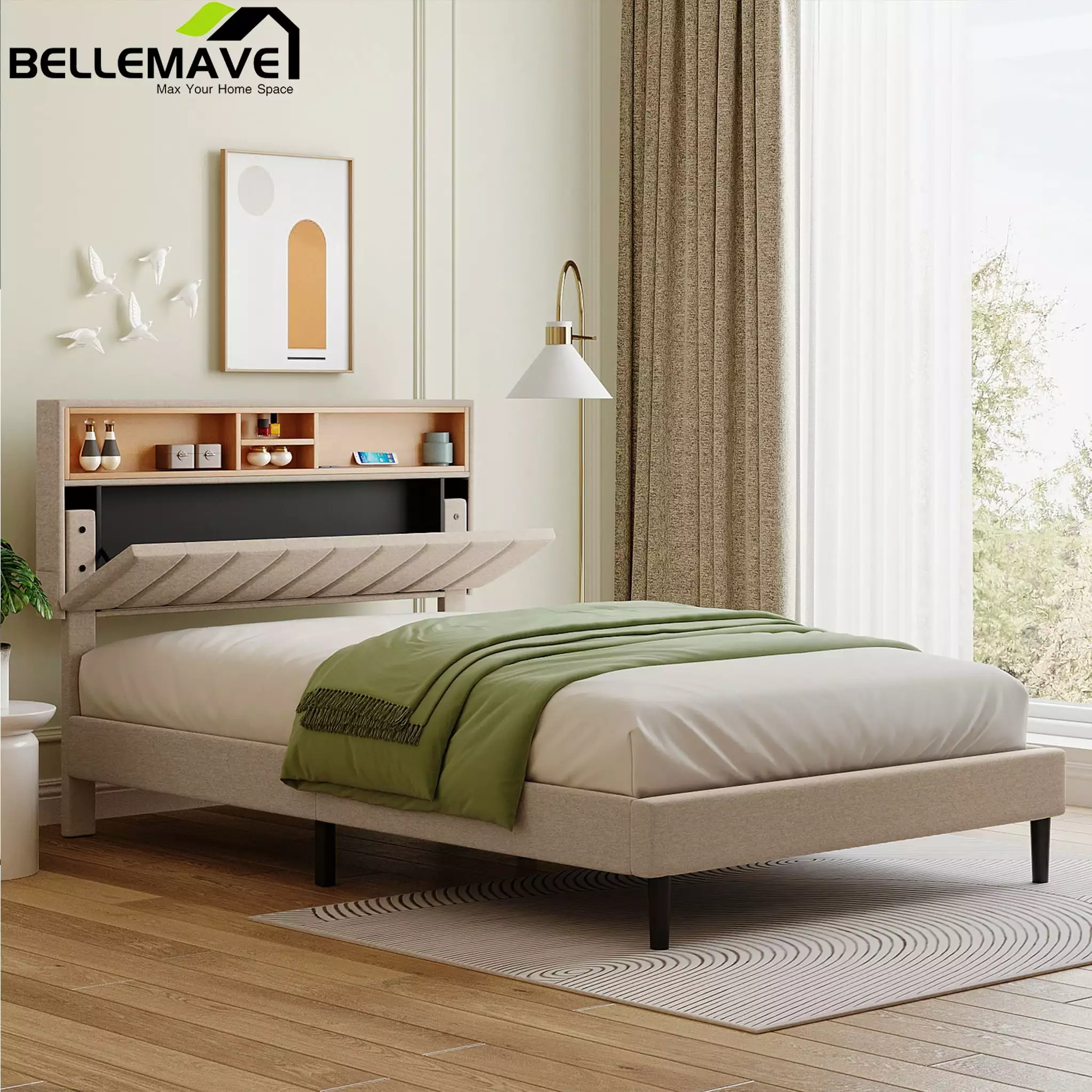 Bellemave Upholstered Full Platform Bed Storage Headboard and USB Ports Beige