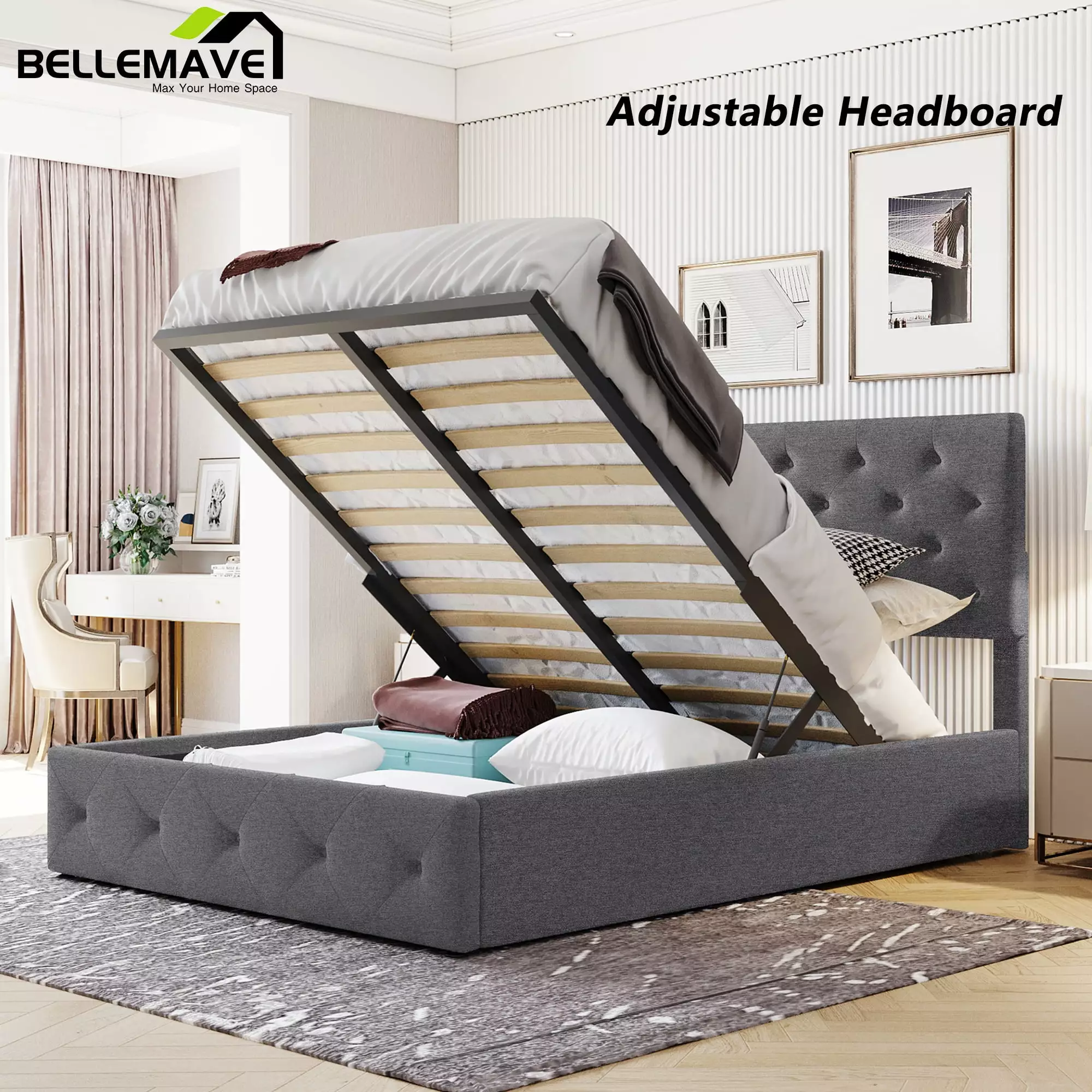 Linen Upholstered Full Size Platform Bed Frame Hydraulic Lift Storage and Headboard Gray Bellemave