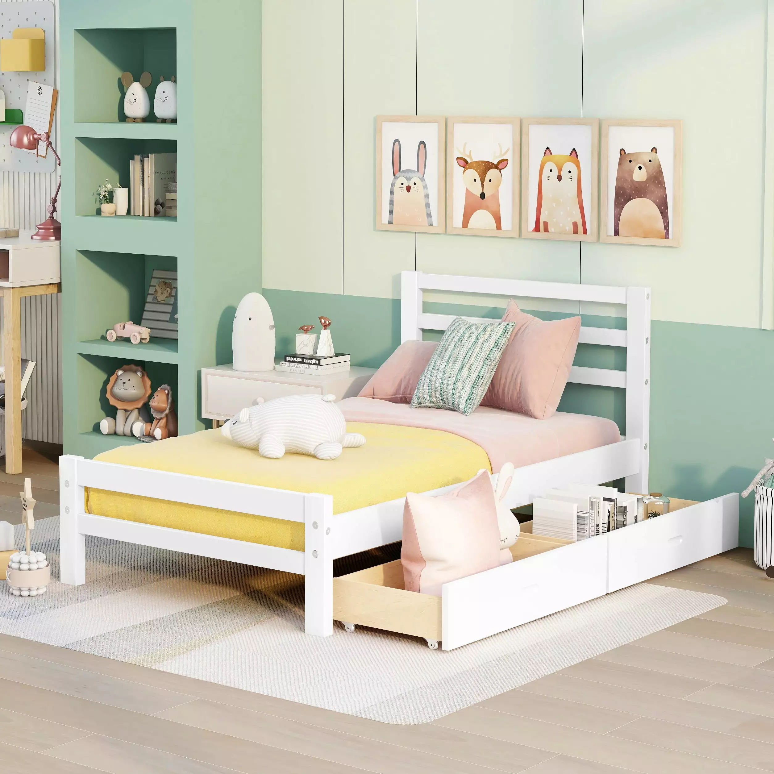 Twin Bed Frame Storage Drawers Wood Platform Bed Headboard Kids No Box Spring Needed White Bellemave