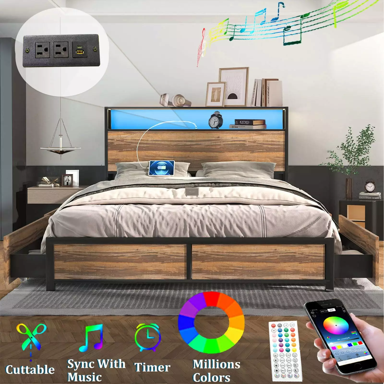 LED Full Bed Frame Storage Headboard 4 Drawers Industrial Metal Platform Bed Power Charging Station USB Ports Blotout