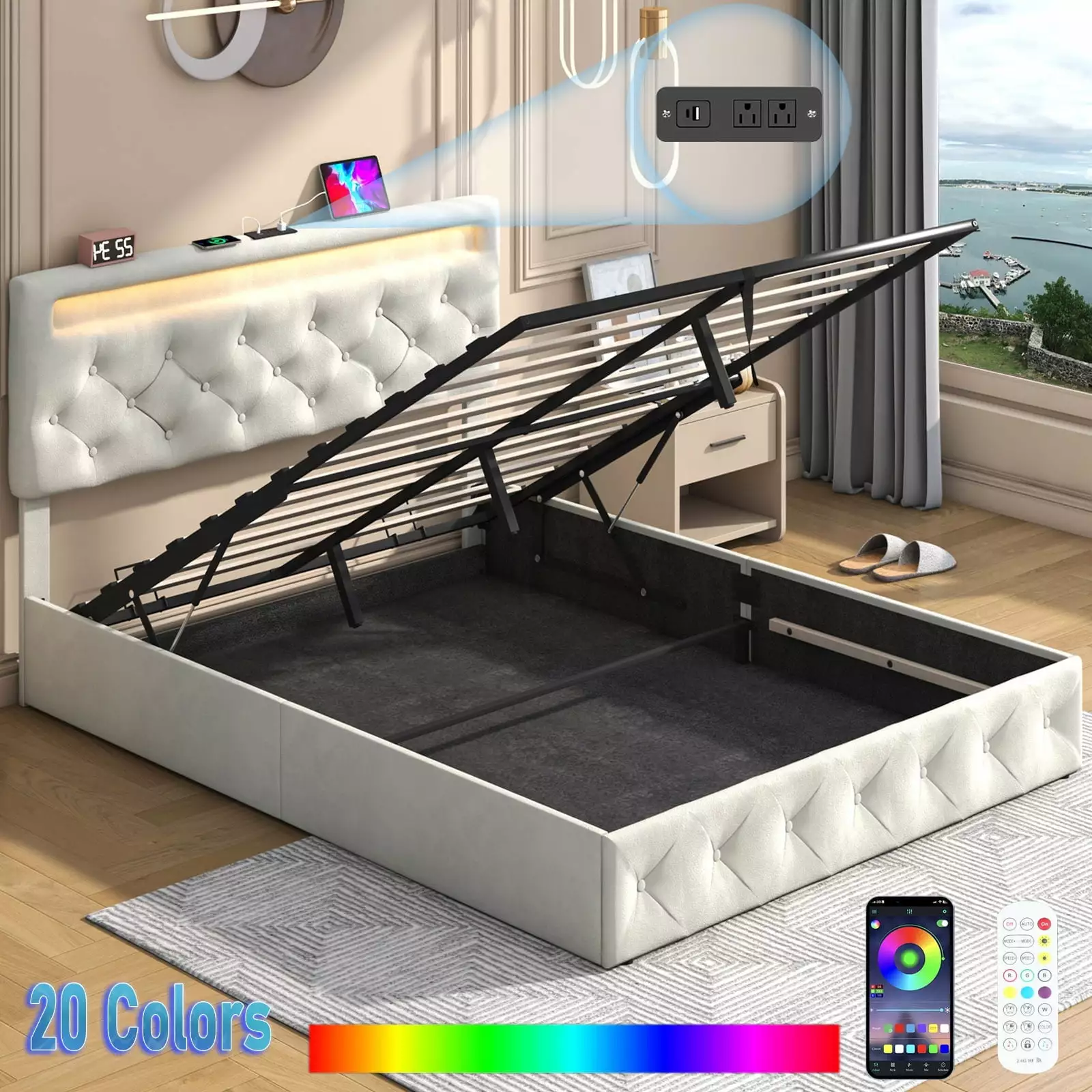 Queen Lift Up Bed Frame LED Light and Power Outlets Velvet Storage Bed Adjustable Headboard Upholstered Platform Bed Beige...