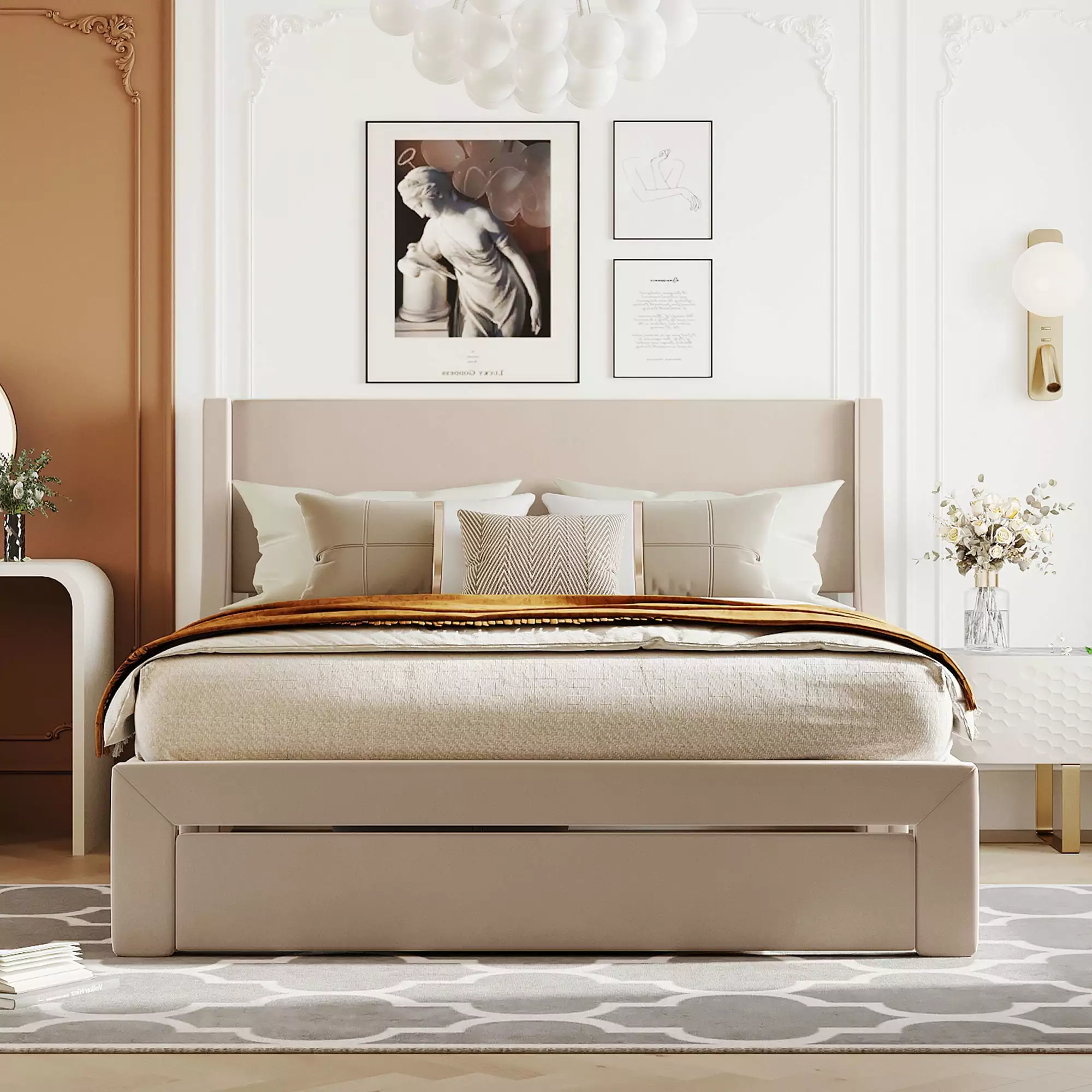 BTMWAY Queen Storage Bed Frame Big Drawer - Upholstered Platform Bed 600lbs Capacity No Box Spring