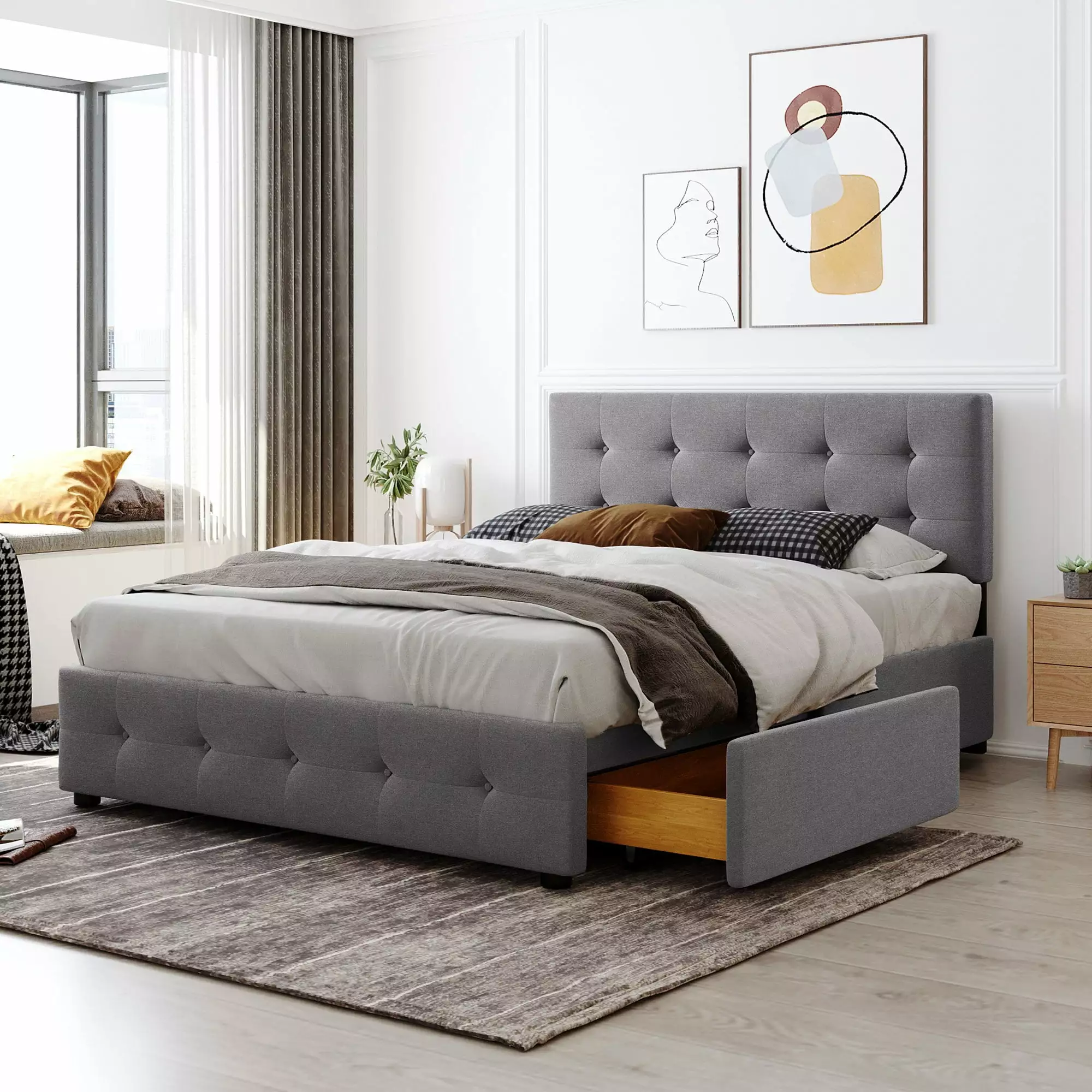 BTMWAY Queen Storage Bed Frame 4 Drawers - Upholstered Platform Bed Tufted Headboard - No Box Spring Needed - Light Gray