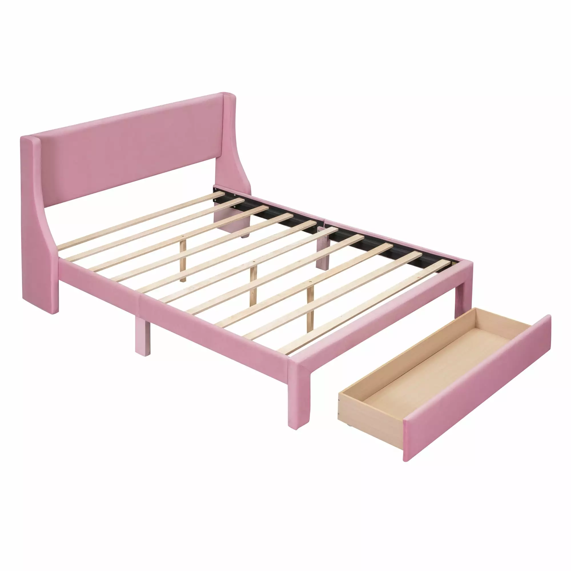BTMWAY Queen Upholstered Storage Bed Pink Velvet Upholstered Wood Platform Bed Headboard and Big Drawer No Box Spring Need...