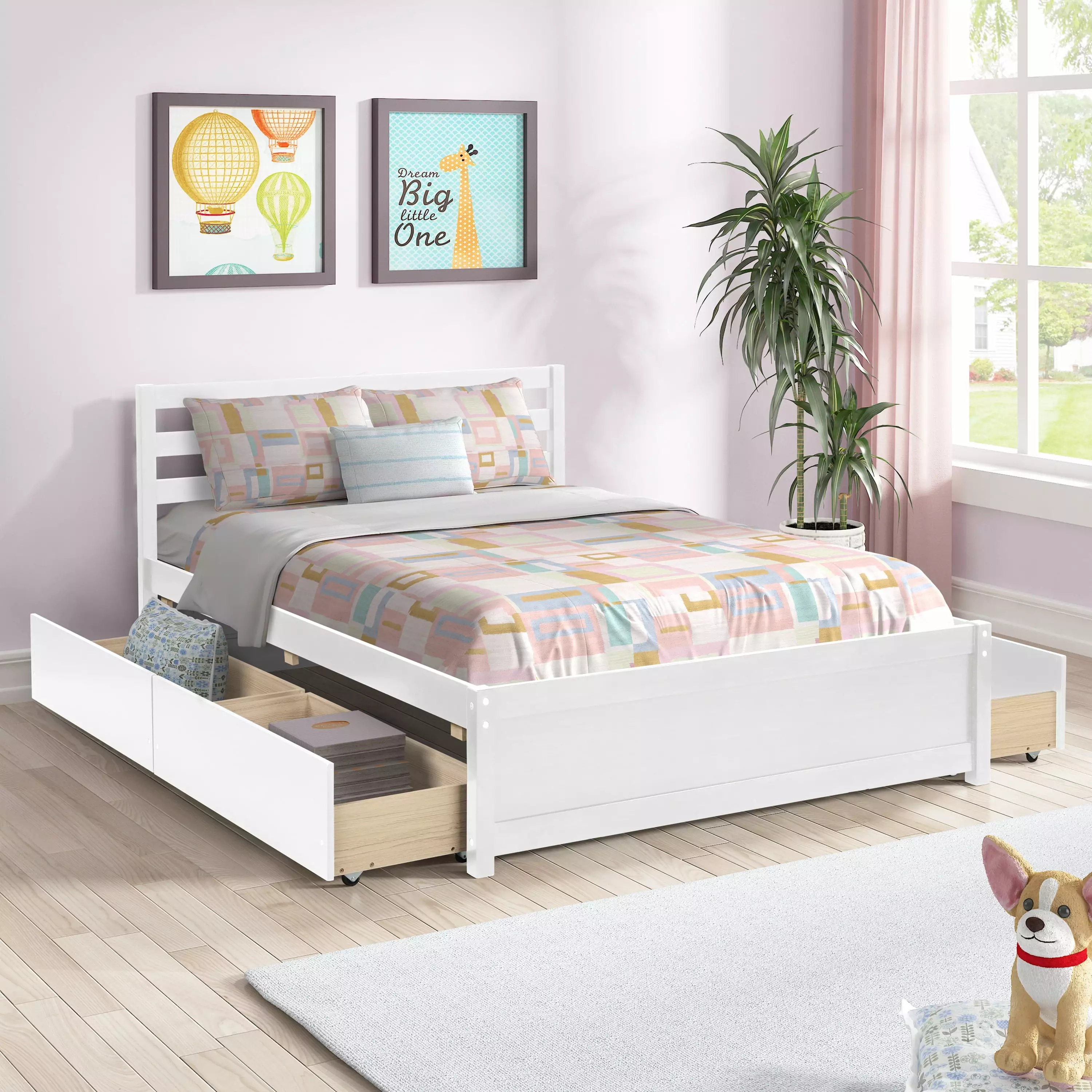 Full Size Platform Bed 4 Storage Drawers - Modern Solid Wood Bed Frame Headboard White BTMWAY