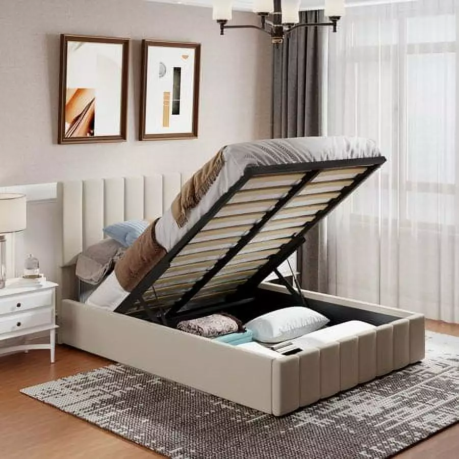 Churanty Hydraulic Storage Bed Frames Full Size Platform Bed Upholstered Headboard Beige