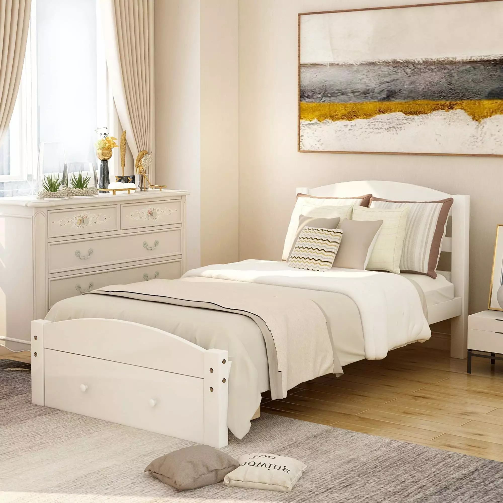 CITYLE Twin Platform Bed Headboard and Drawer Wood Twin Bed Frame Storage Drawer