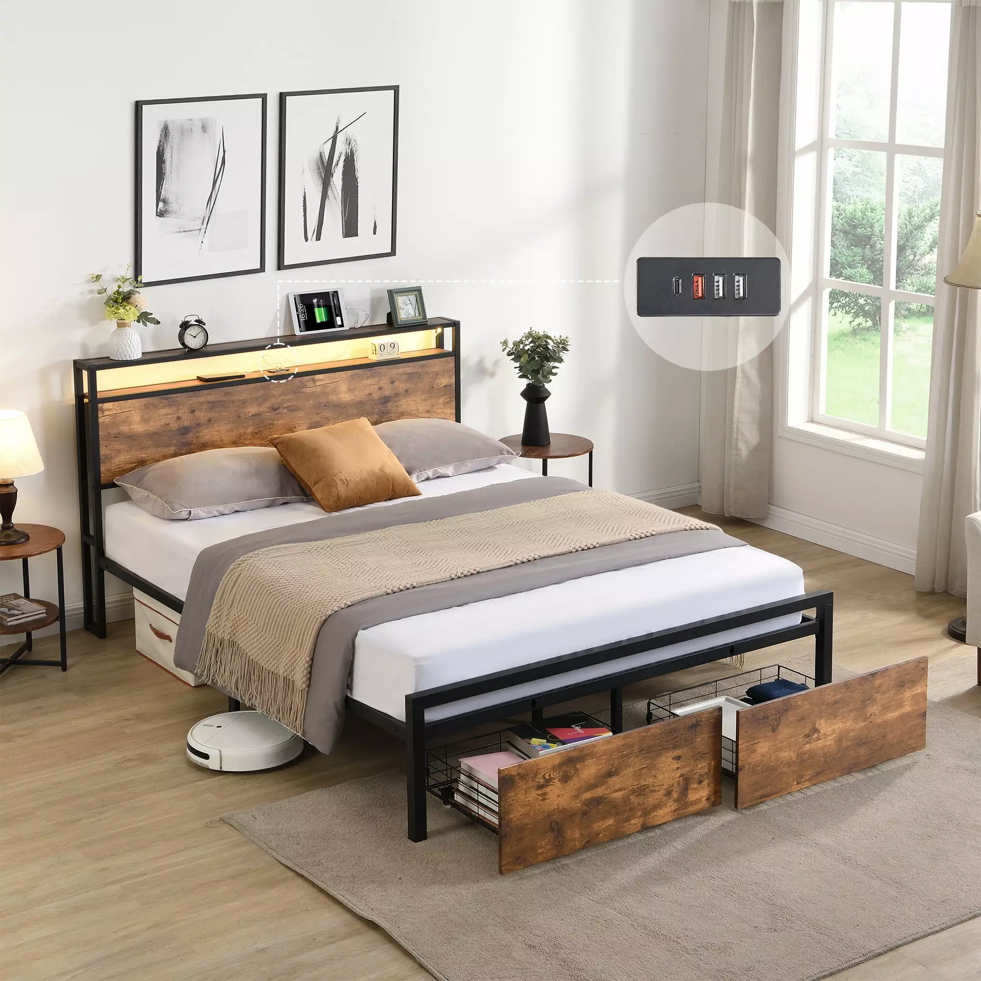 Full Size Bed Frame Storage Headboard 2 Drawers Wood Metal Platform Bed LED Lights Charging Station Clipeyh