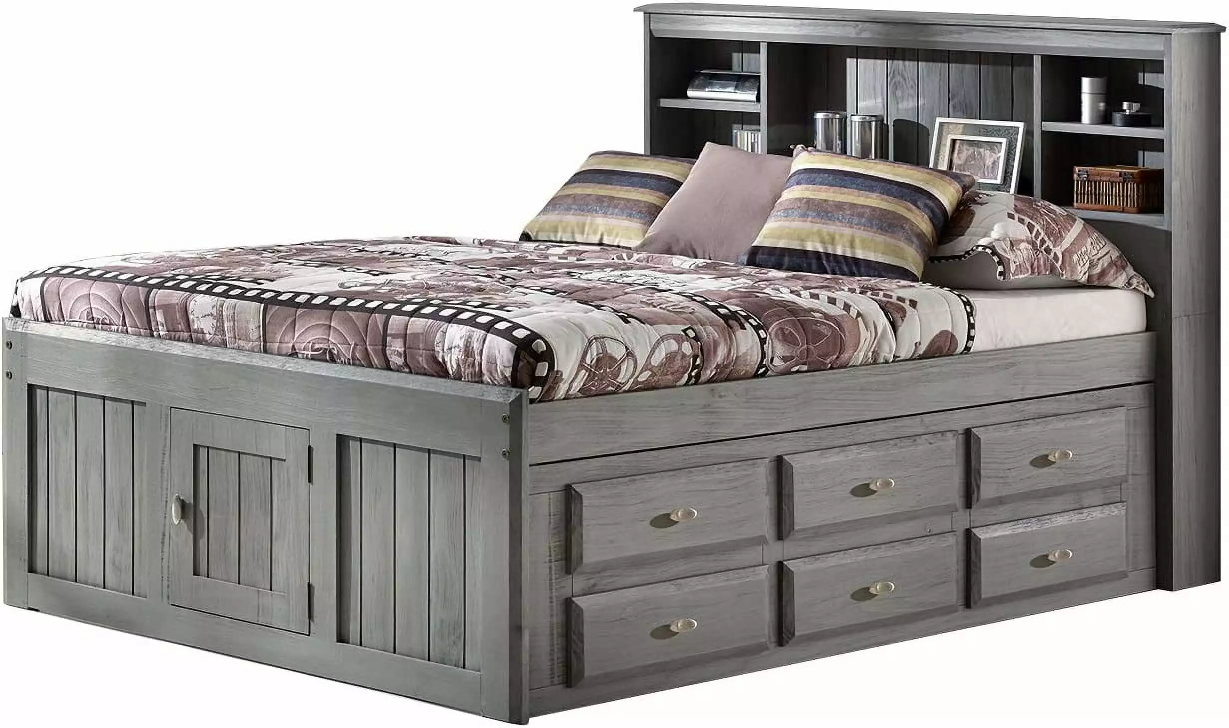 Uncovery World Furniture Full Size Bed Frame Headboard Bookcase Captain Bed 6 Drawers Full Size Bed Storage Charcoal Disco...