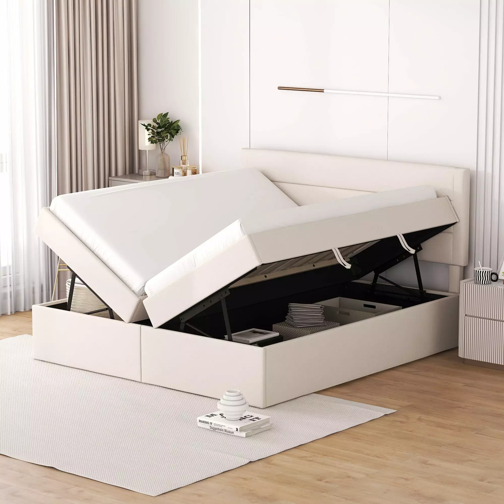 Beige Queen Size Lift-up Upholstery Platform Bed Storage Kids and Adults Euroco
