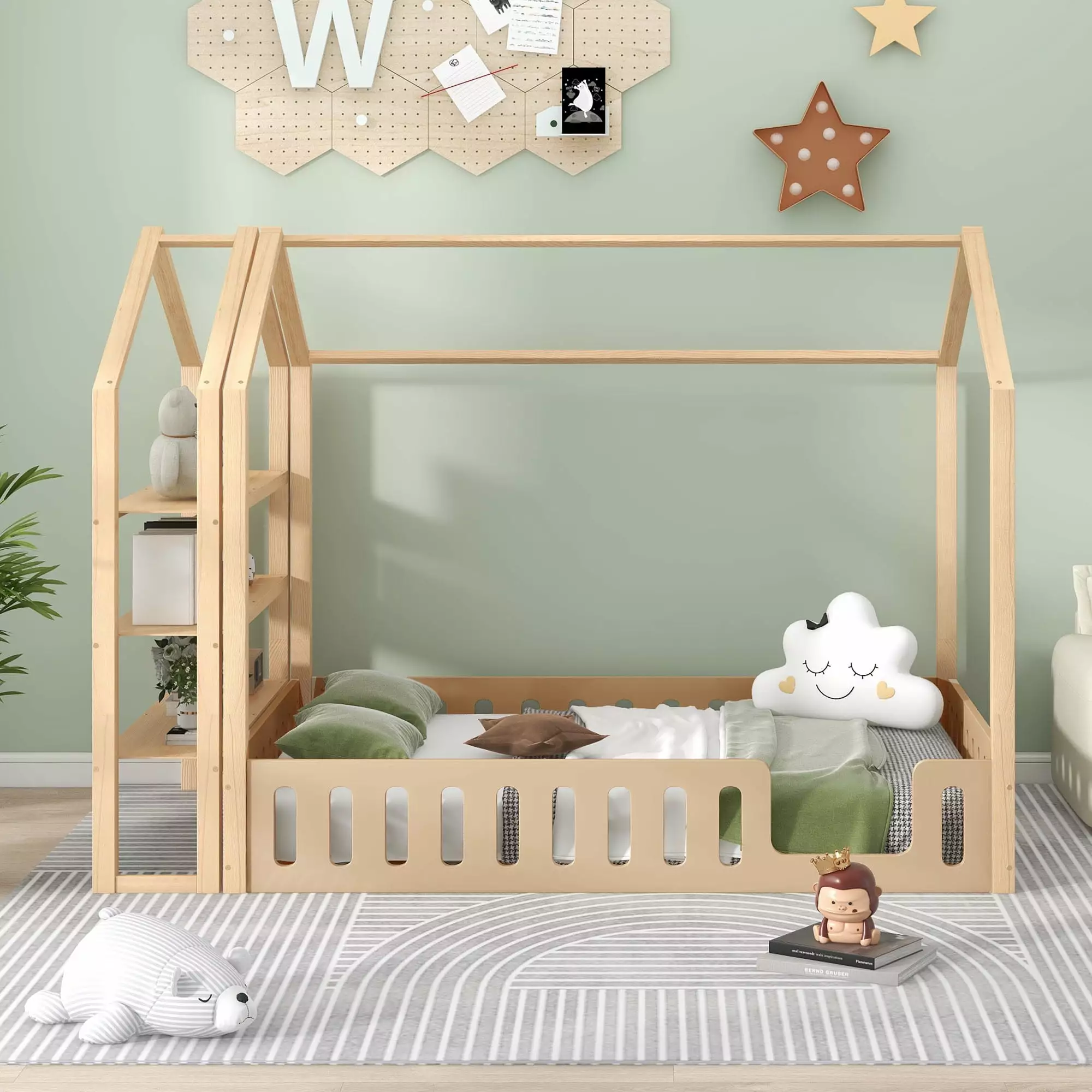 Euroco Full Size Wood Platform Bed Moveable Shelf Houtilize Bed Storage Bedroom Natural