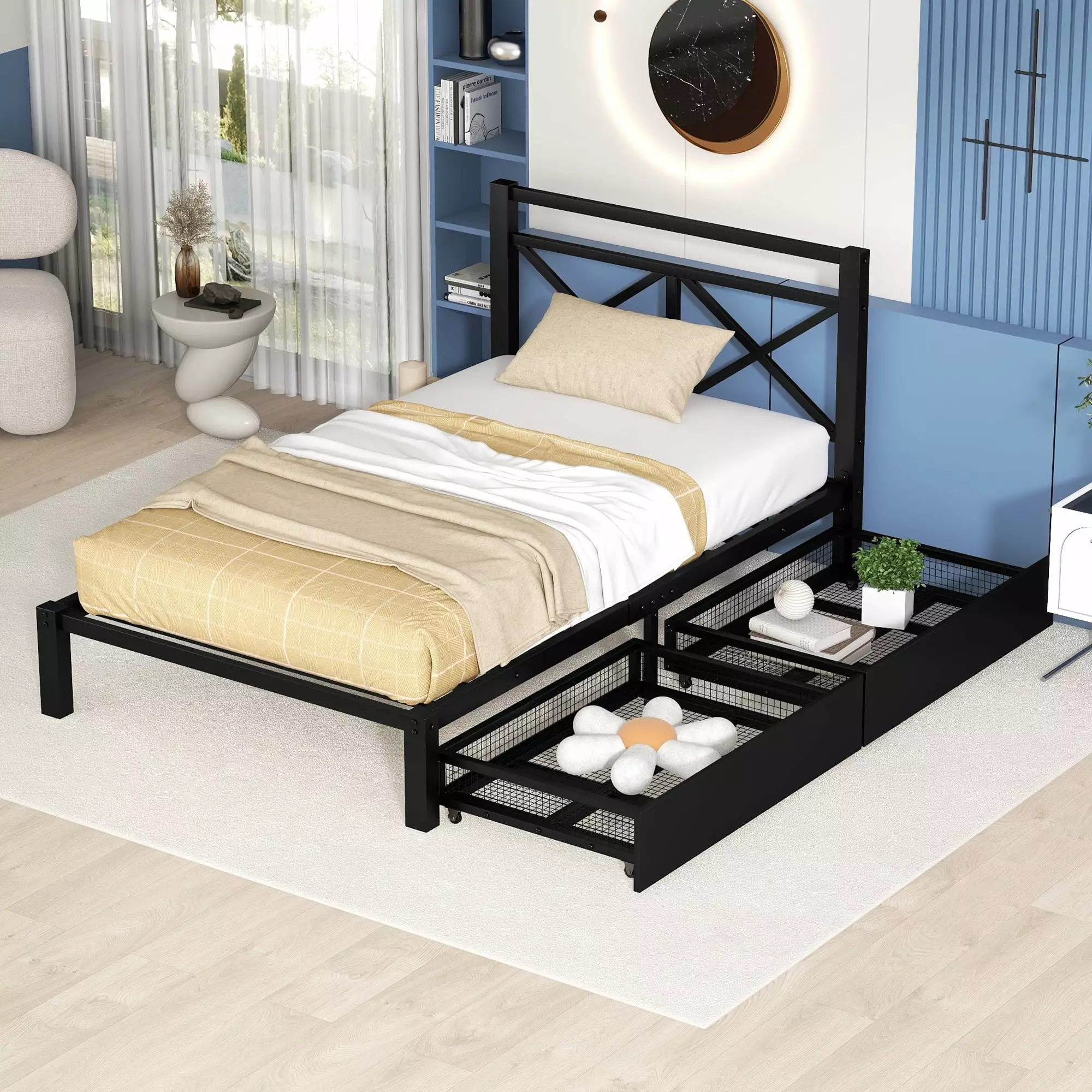 Euroco Metal Twin Size Platform Bed Two Drawers Kids Room Black