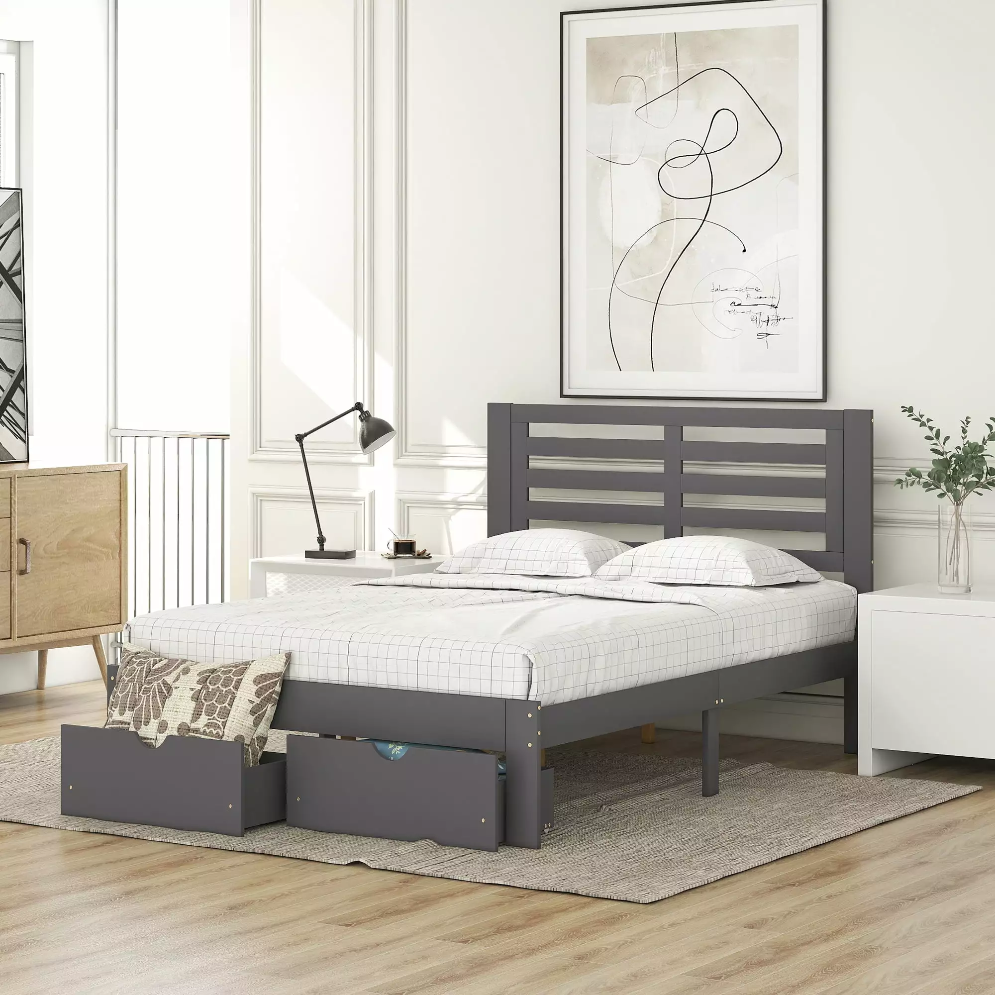 Euroco Modern Pine Wood Full Size Storage Platform Bed Gray