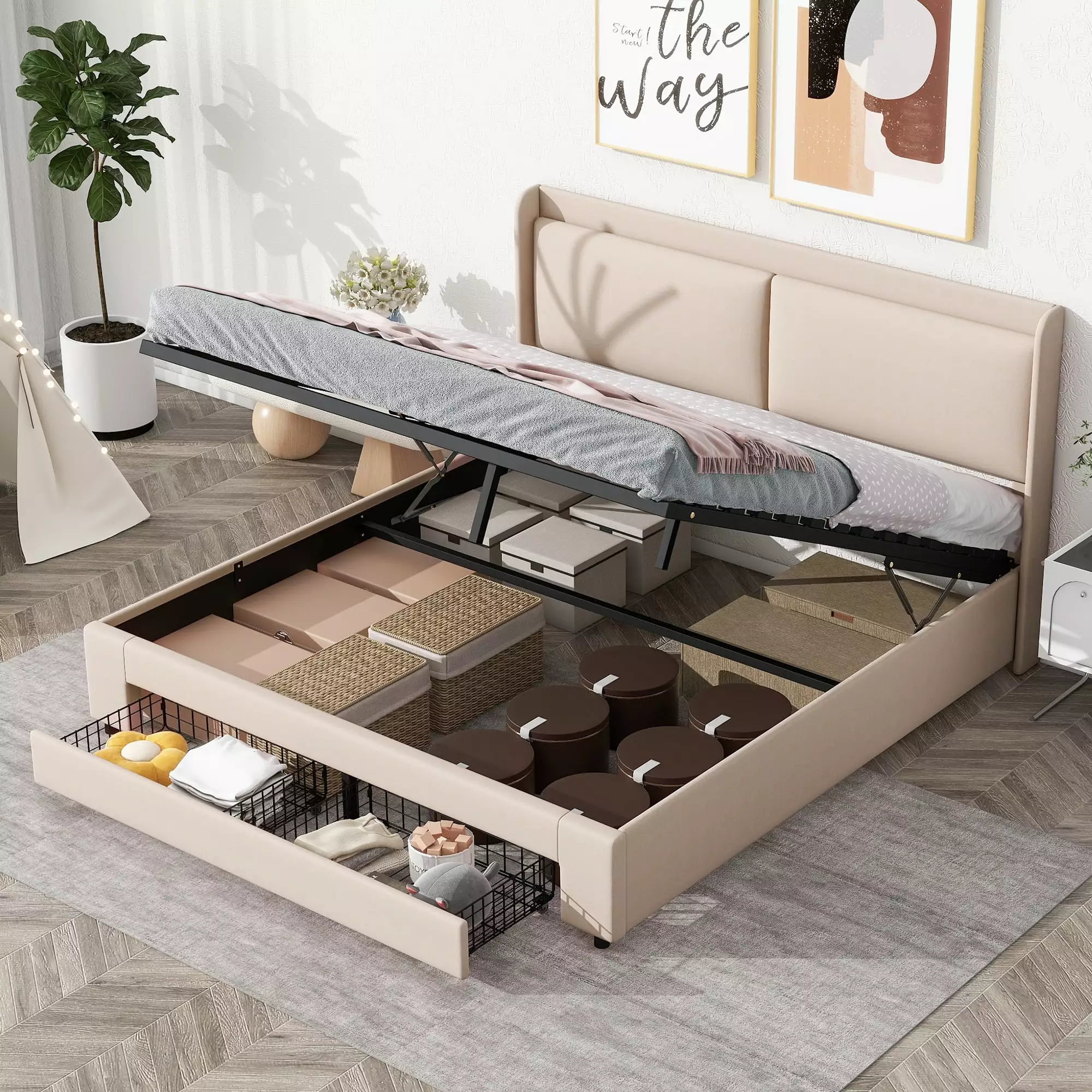 Euroco Queen Size Lift Up Storage Bed Hydraulic System Beige