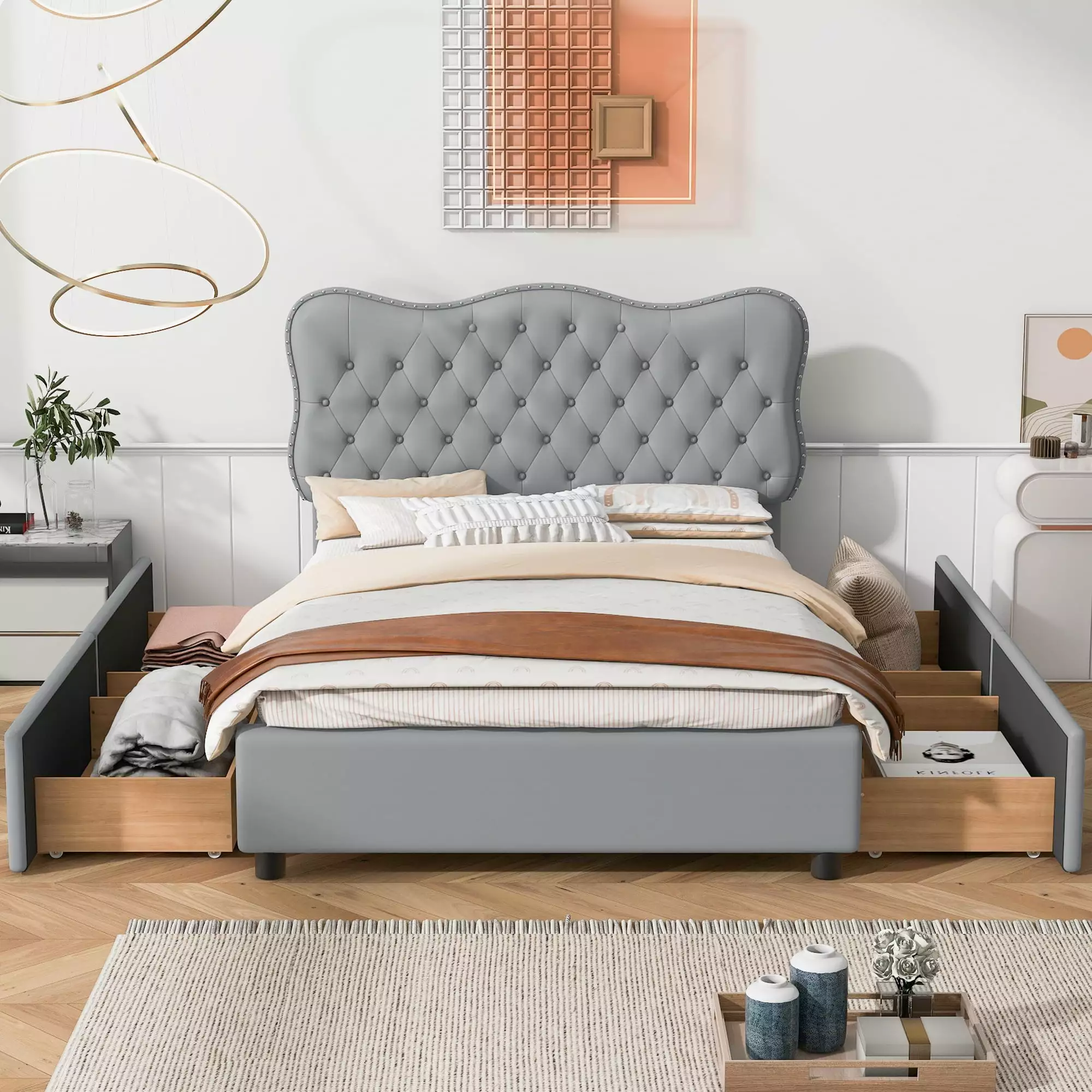 Euroco Upholstered Full Bed Platform 4 Storage Drawers - Tufted Bed Frame Living Room Gray