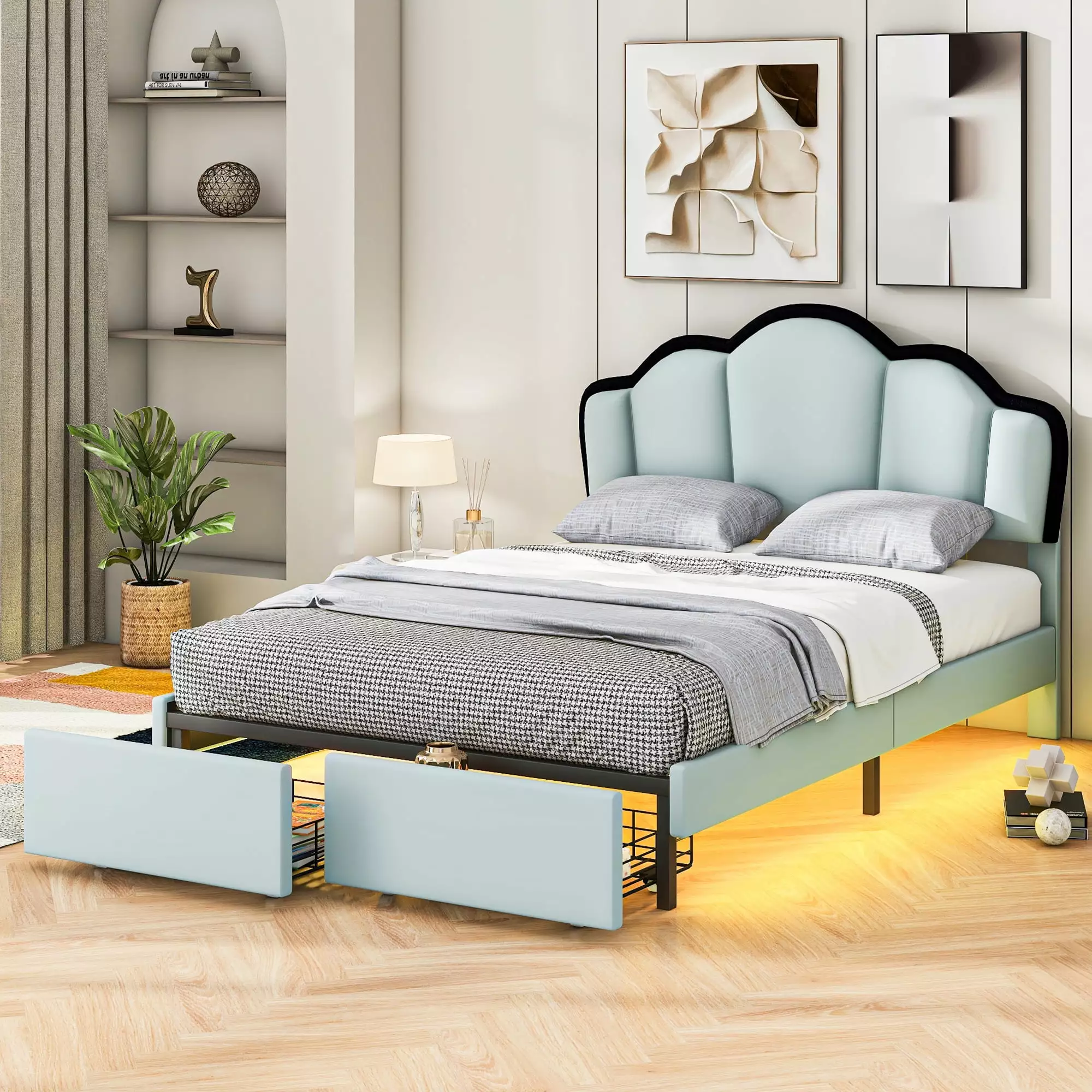 Euroco Upholstered Full Platform Bed 2 Drawers and LED Light Living Room Blue Storage Bed