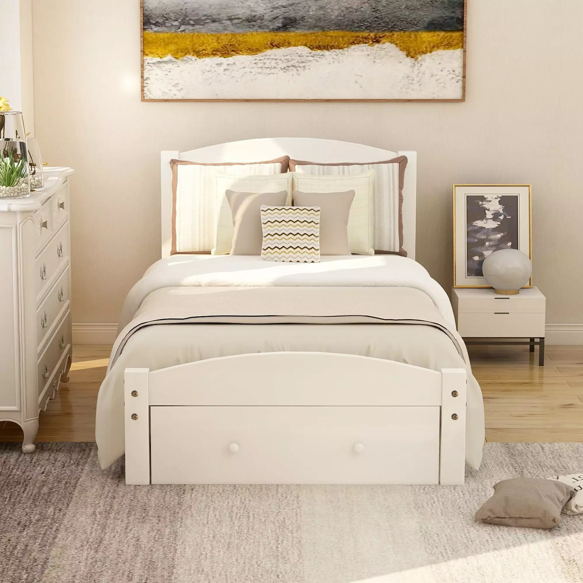 Twin Size Wood Platform Bed Frame Headboard and Big Storage Drawer - White Kids Bed Gewnee