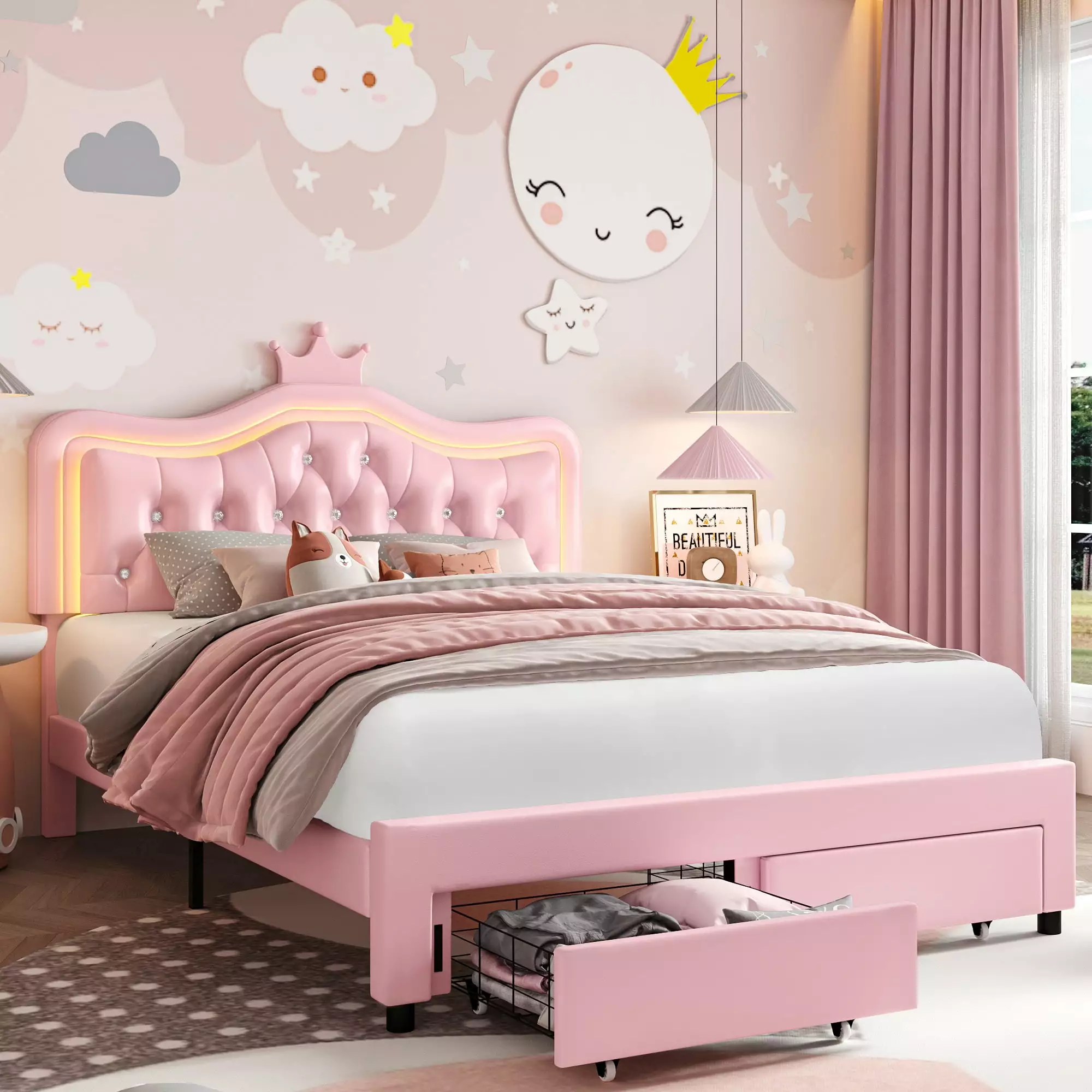 Homfa Full Size LED Bed Frame Storage Drawers PU Leather Crown Platform Bed Adjustable Headboard Pink