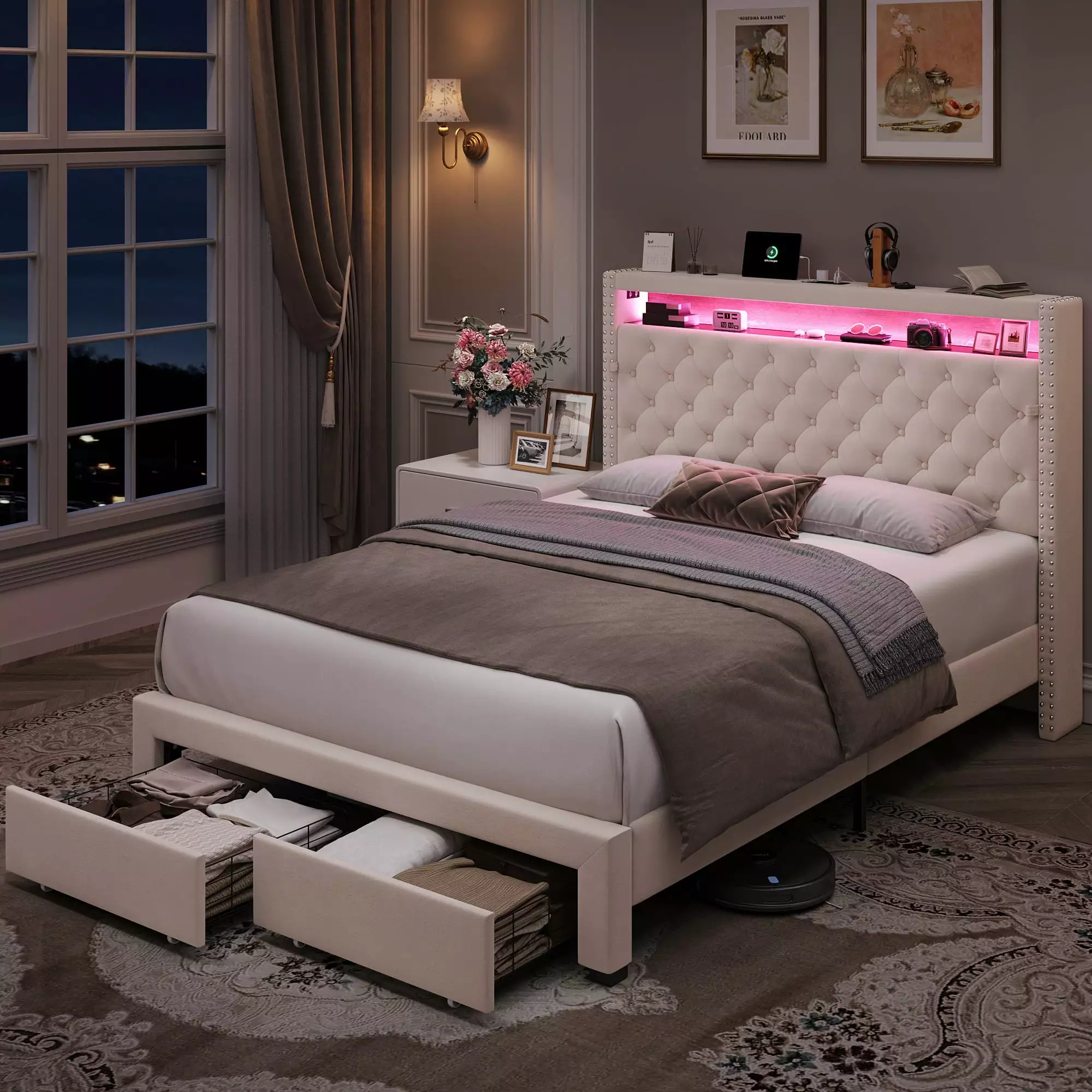 Homfa Queen Size LED Bed Frame Outlets and USB Ports Modern Storage Platform Bed Beige