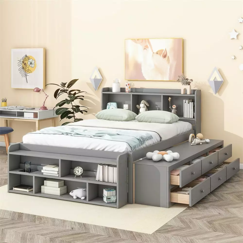 Full Size Platform Bed Bookcase Headboard Kids Teens Adults Modern Storage Bed Under Bed Drawers HOMIQUEEN