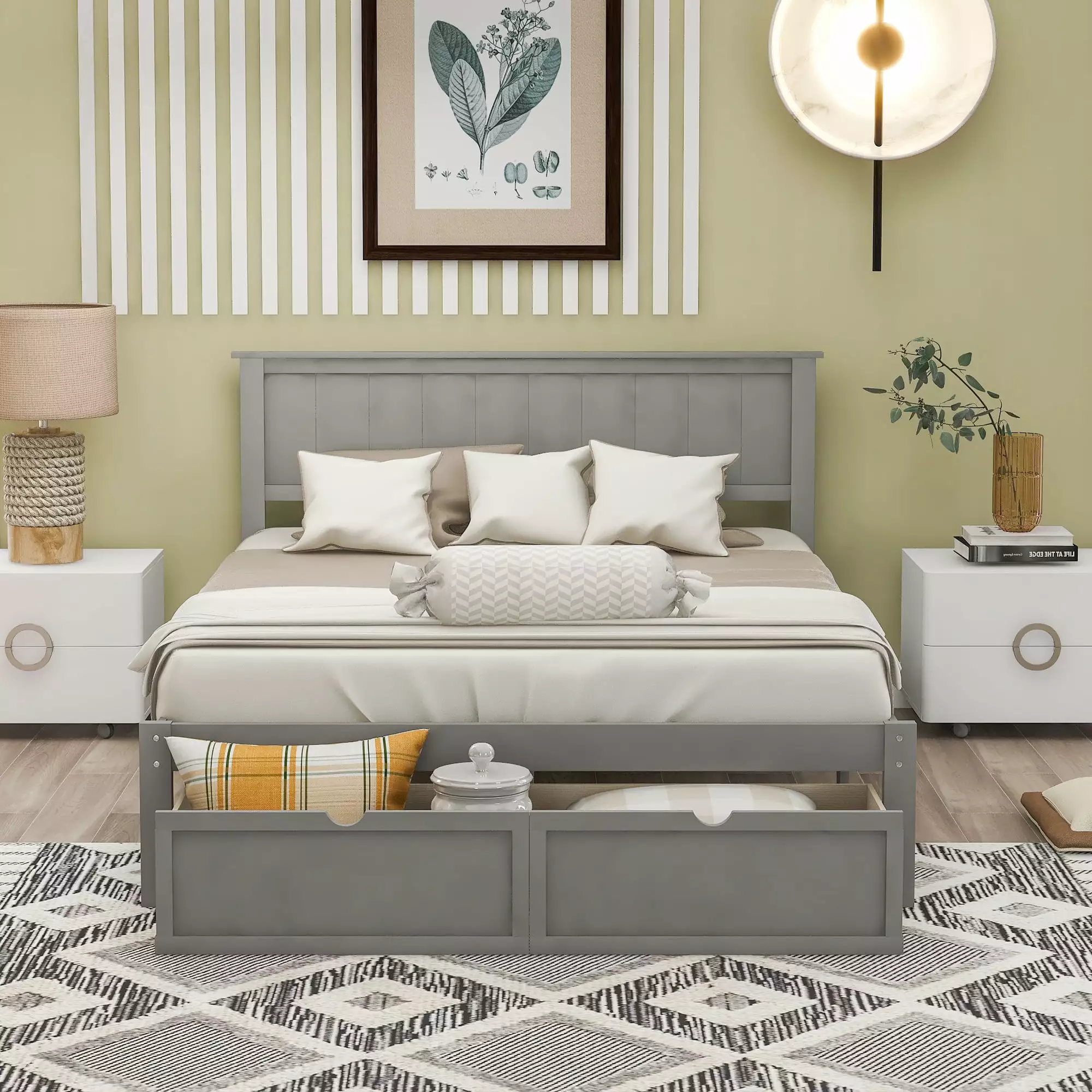 HSUNNS Gray Wood Platform Bed Frame Full Size Headboard and 2 Drawers Strong Slat Support