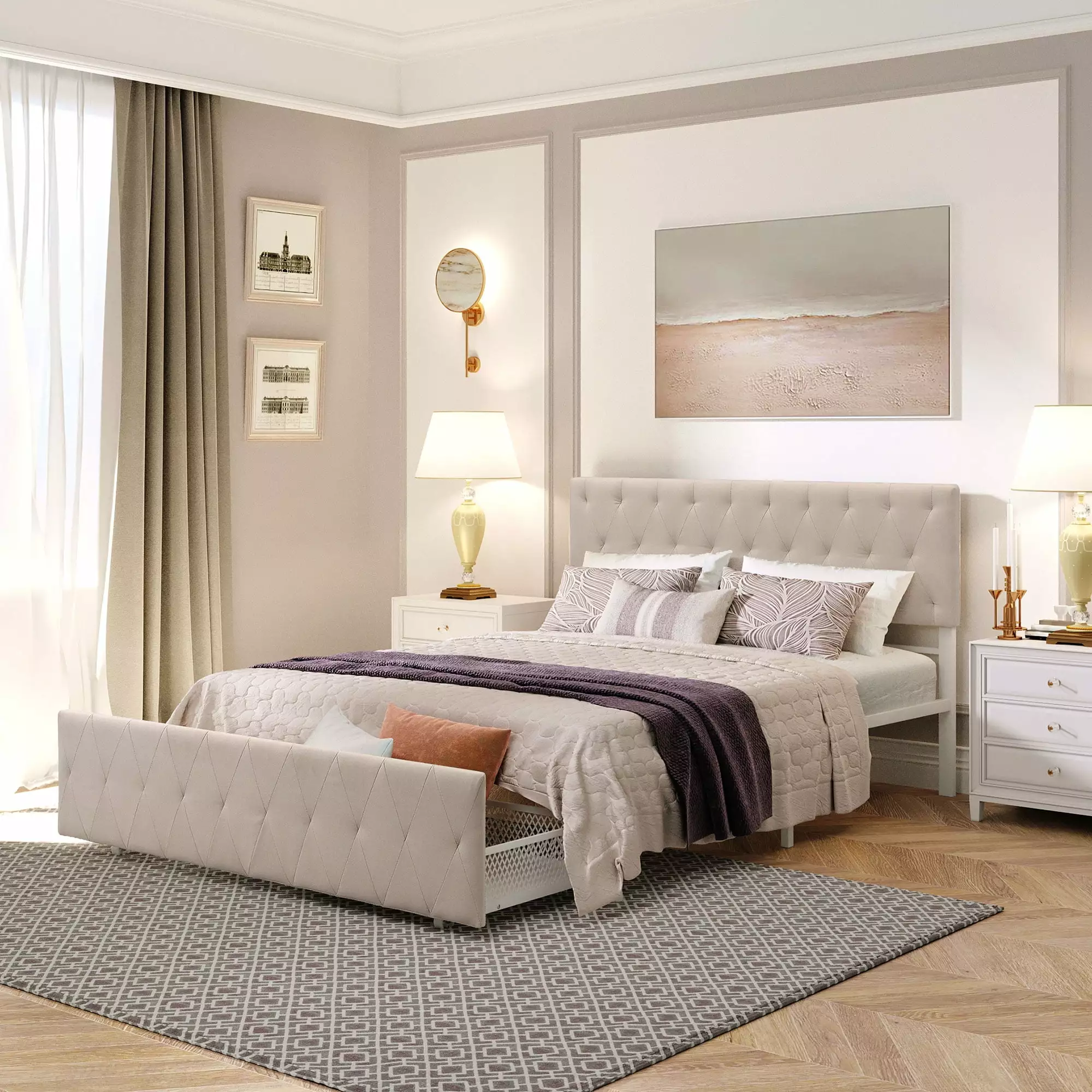 INCLAKE Queen Size Storage Bed Metal Platform Bed Big Drawer Bed Frame Upholstered Headboard
