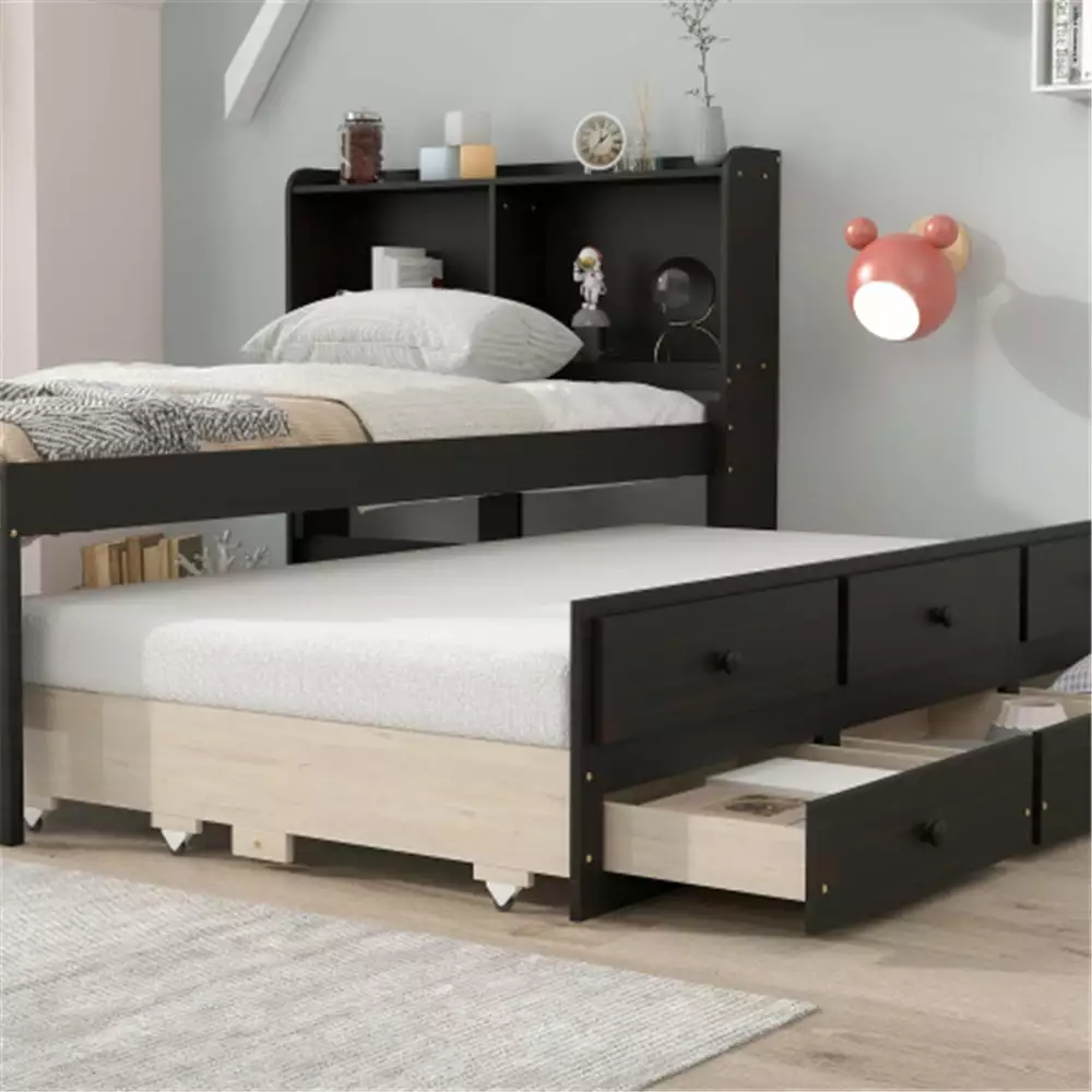 Twin Bed Bookcase Headboard and Drawers Kids Teens Adults Black INCLAKE