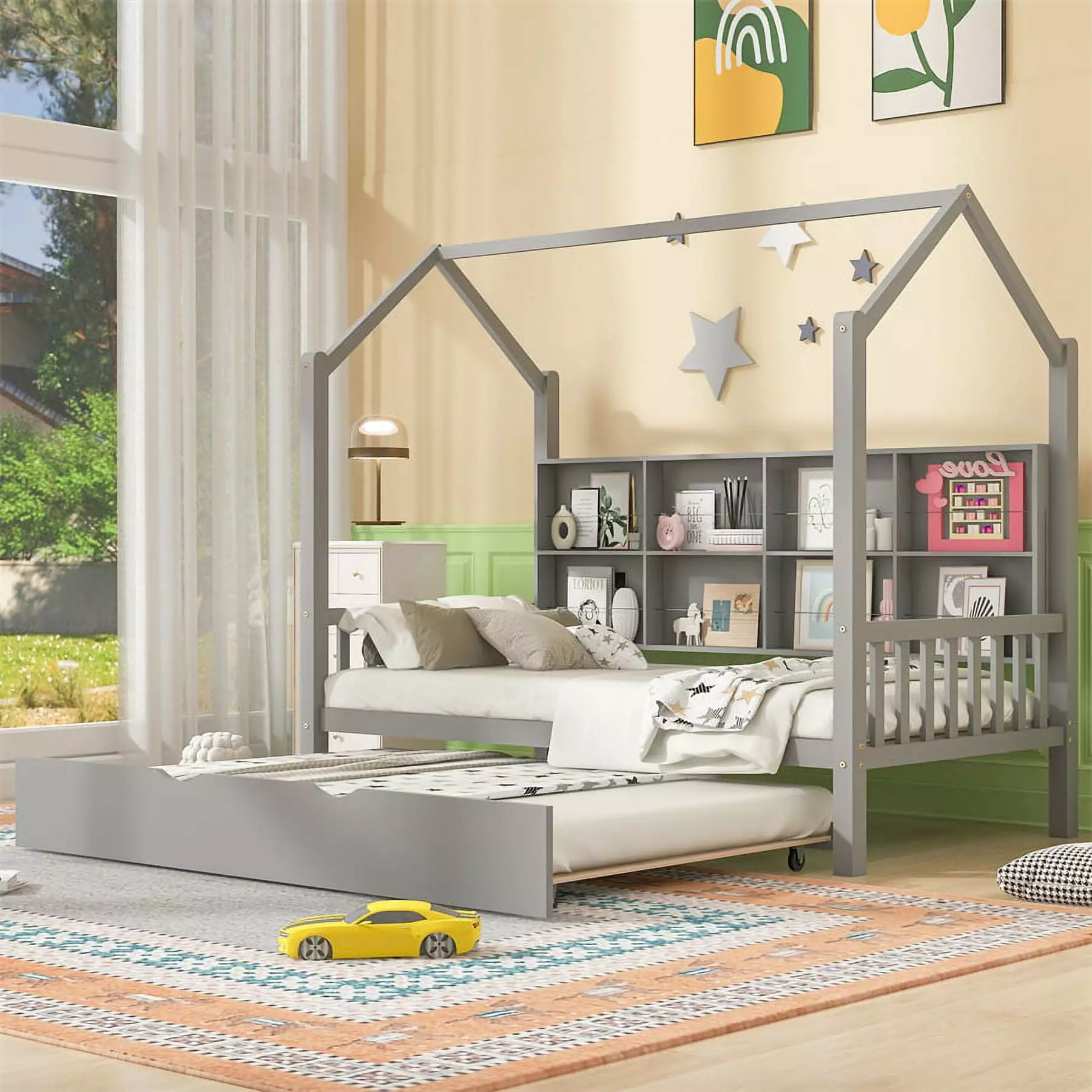 Gray Twin Size Houtilize Bed Frame Trundle and Bookcase Kids JINS & VICO