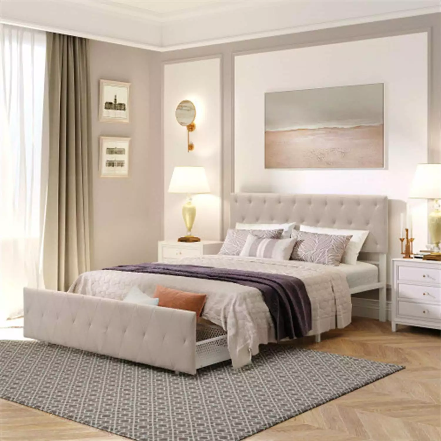 JINS&VICO Queen Size Storage Bed Metal Platform Bed Big Drawer Upholstered Headboard and Metal Slats JINS & VICO