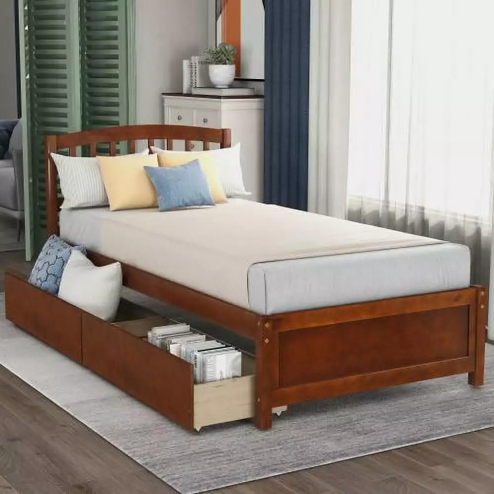 JINS&VICO Twin Platform Bed Wood Storage Bed Frame Two Drawers and Headboard Walnut JINS & VICO