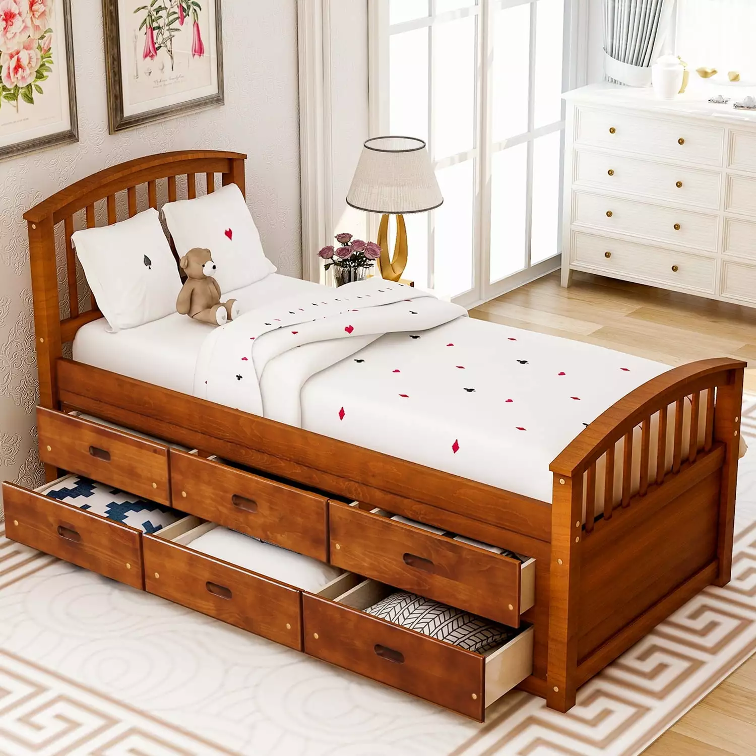 Kacho Twin Platform Bed Frame 6 Storage Drawers Solid Wood Captains Bed No Box Spring Needed
