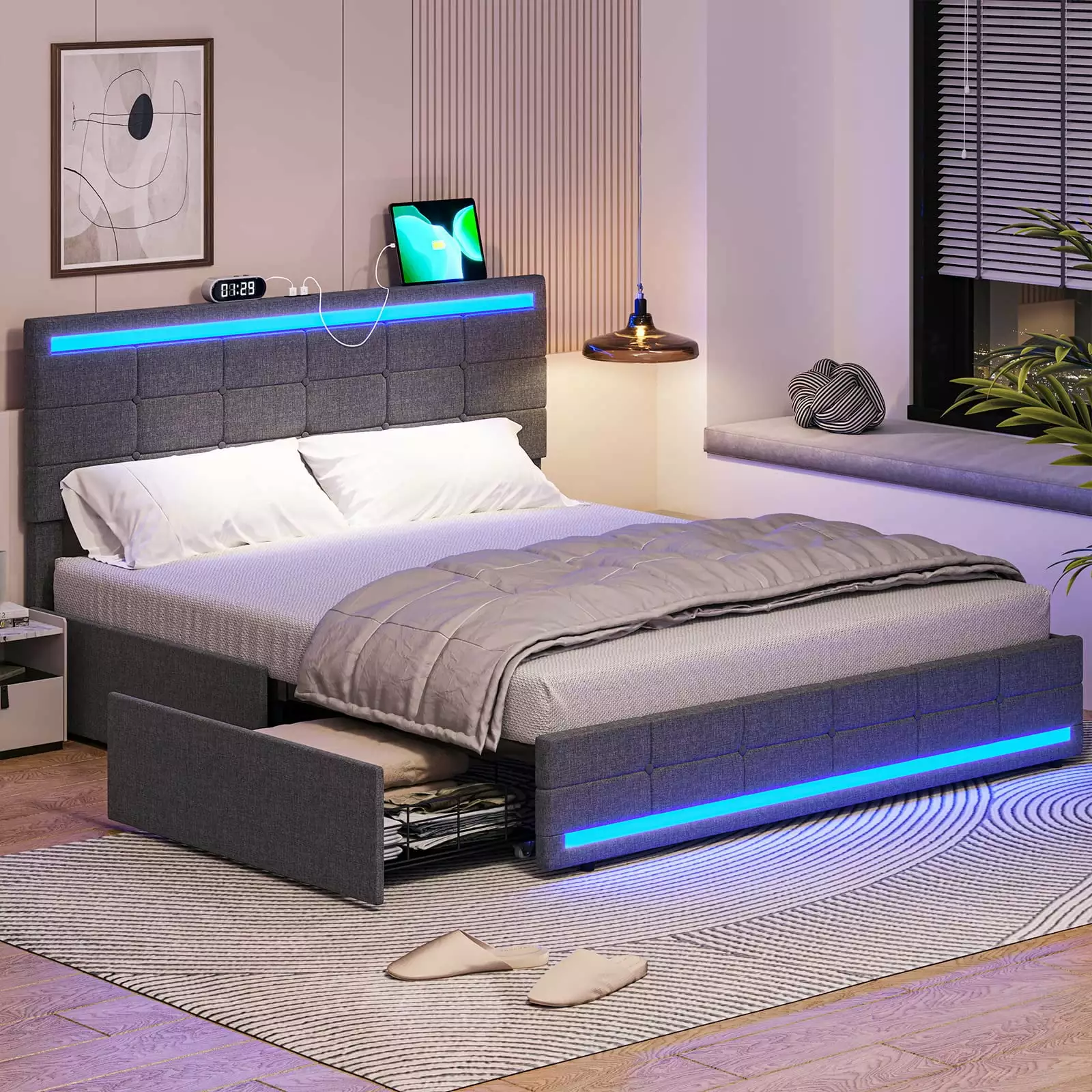 Queen Bed Frame 4 Drawers and 2 USB Charging Station Platform Bed Frame LED Lights Headboard Kicode