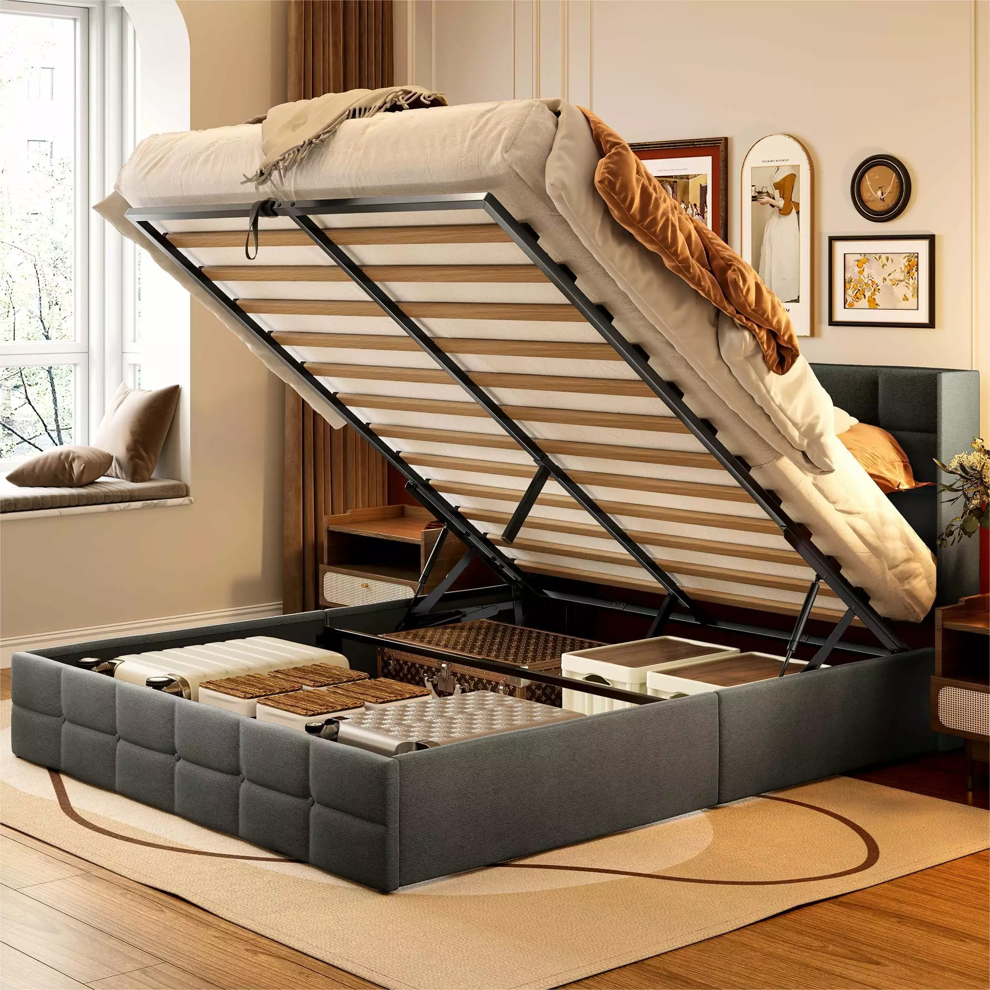 Lofka Full Size Platform Bed Frame Lift Up Storage and Upholstered Headboard