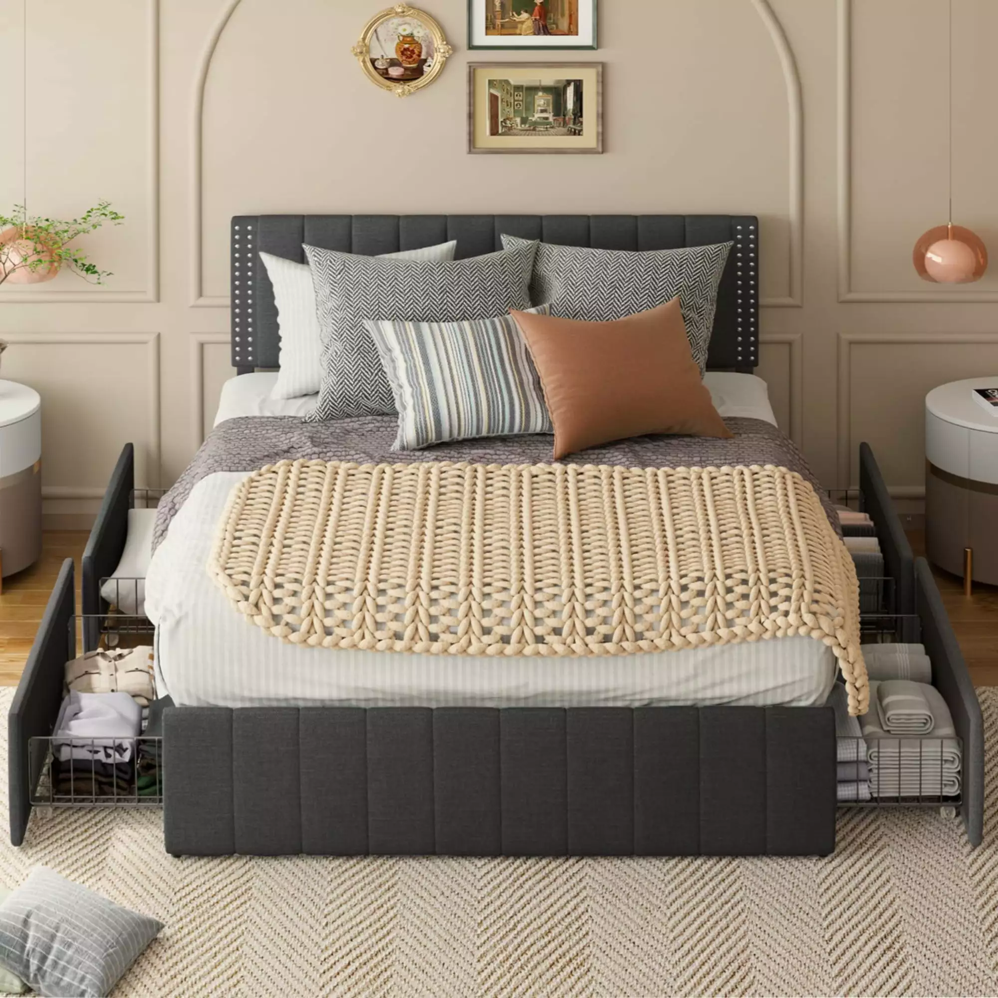 Lofka Queen Bed Frame Adjustable Headboard and 4 Storage Drawers - 880lbs No Box Spring Dark Gray