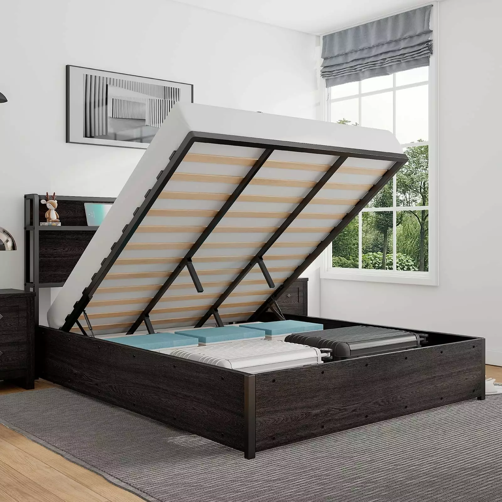 LUXOAK Full Size Lift up Storage Bed Storage Headboard & Charging Station Black